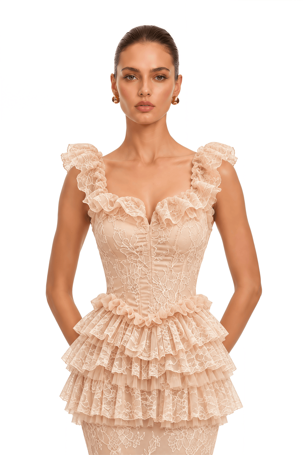 libbie neutral lace tiered peplum top & midi skirt set