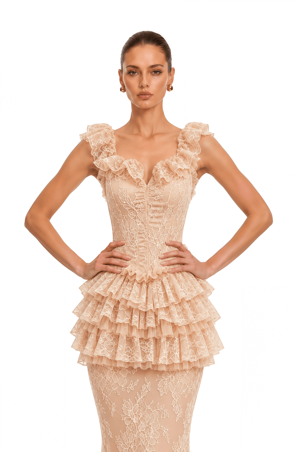 libbie neutral lace tiered peplum top & midi skirt set