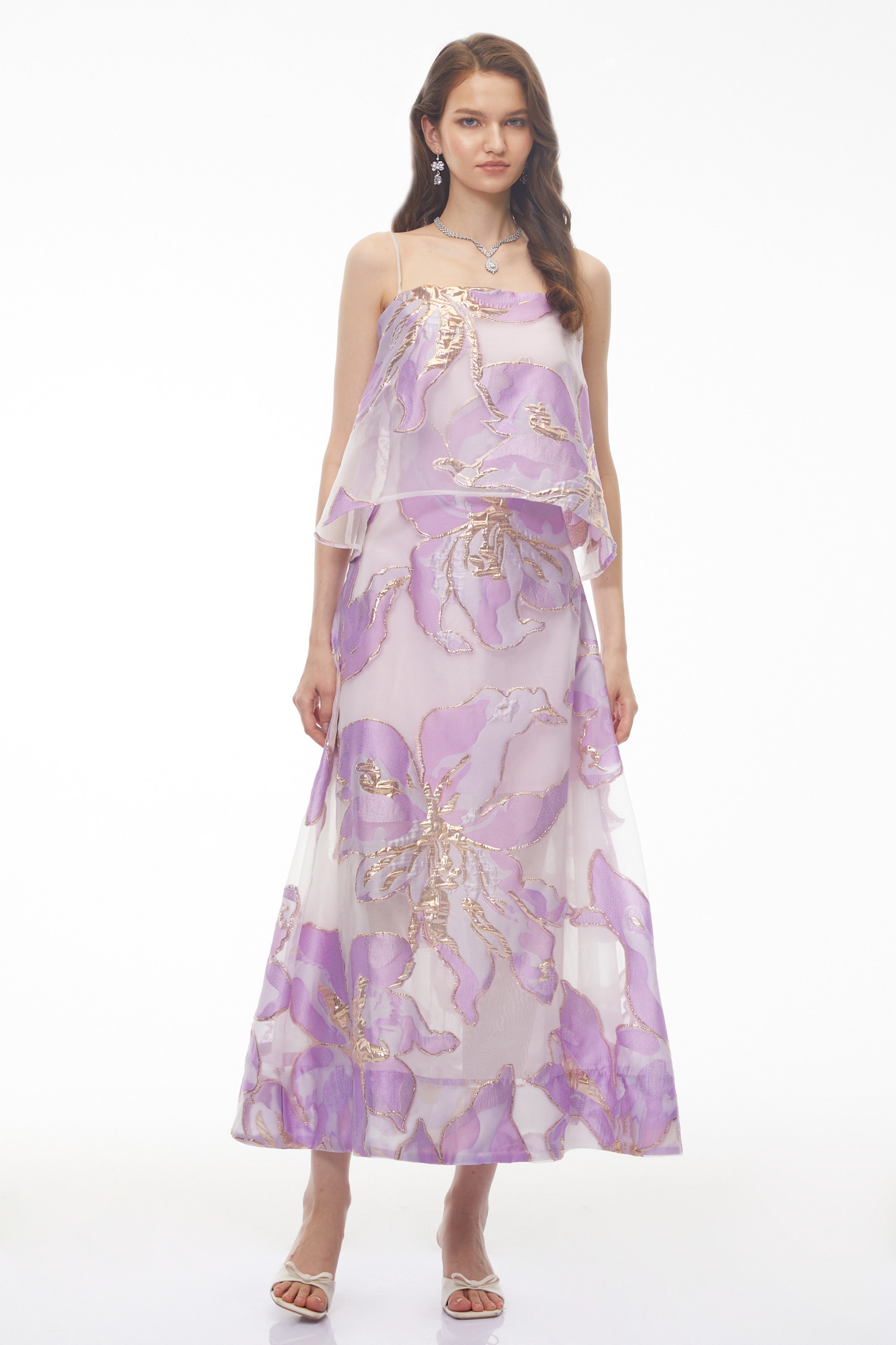 Lídia Purple Floral Print Tiered Maxi Dress