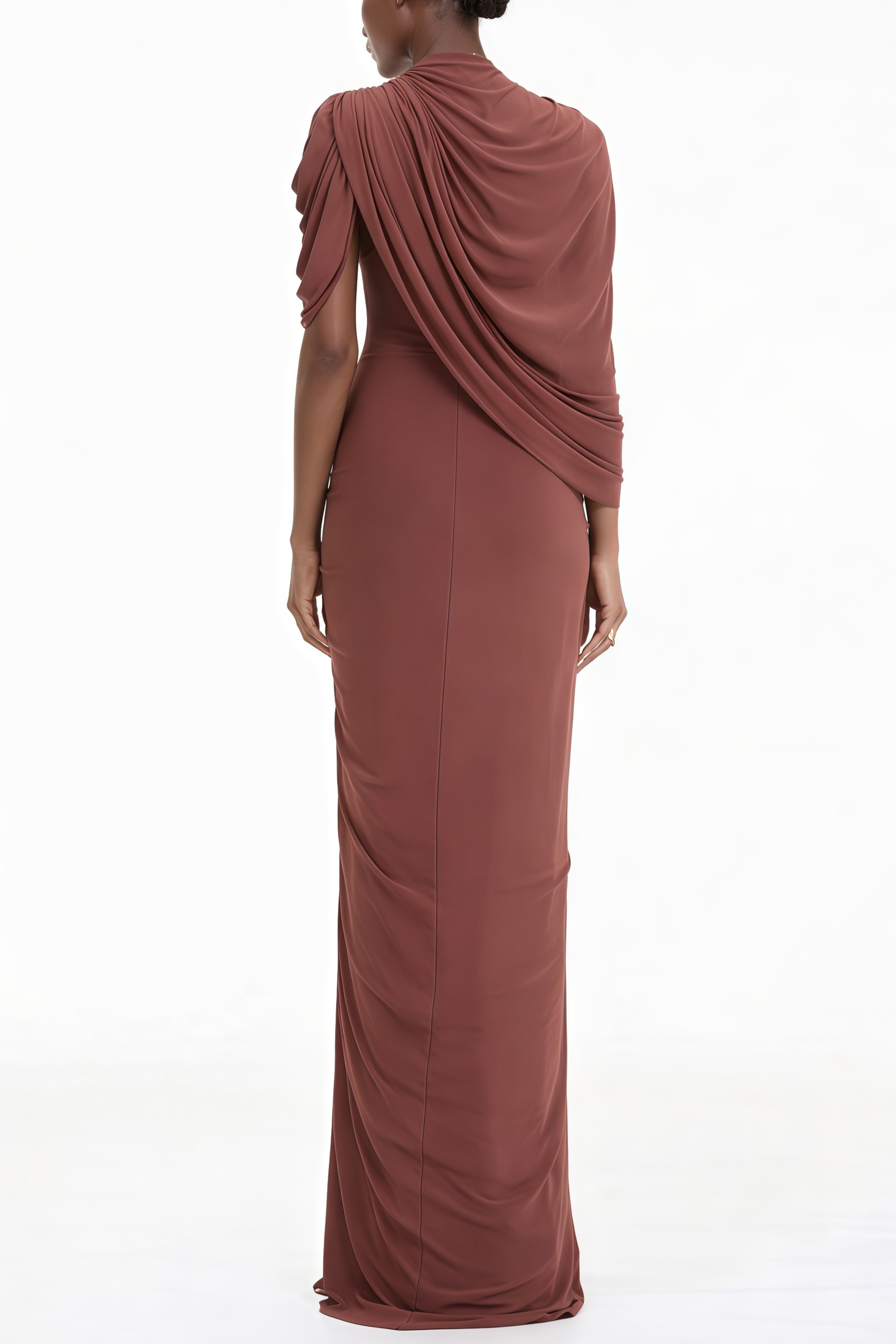 Liliana Brown Asymmetrical Ruched Cape Maxi Dress (Final Sale)