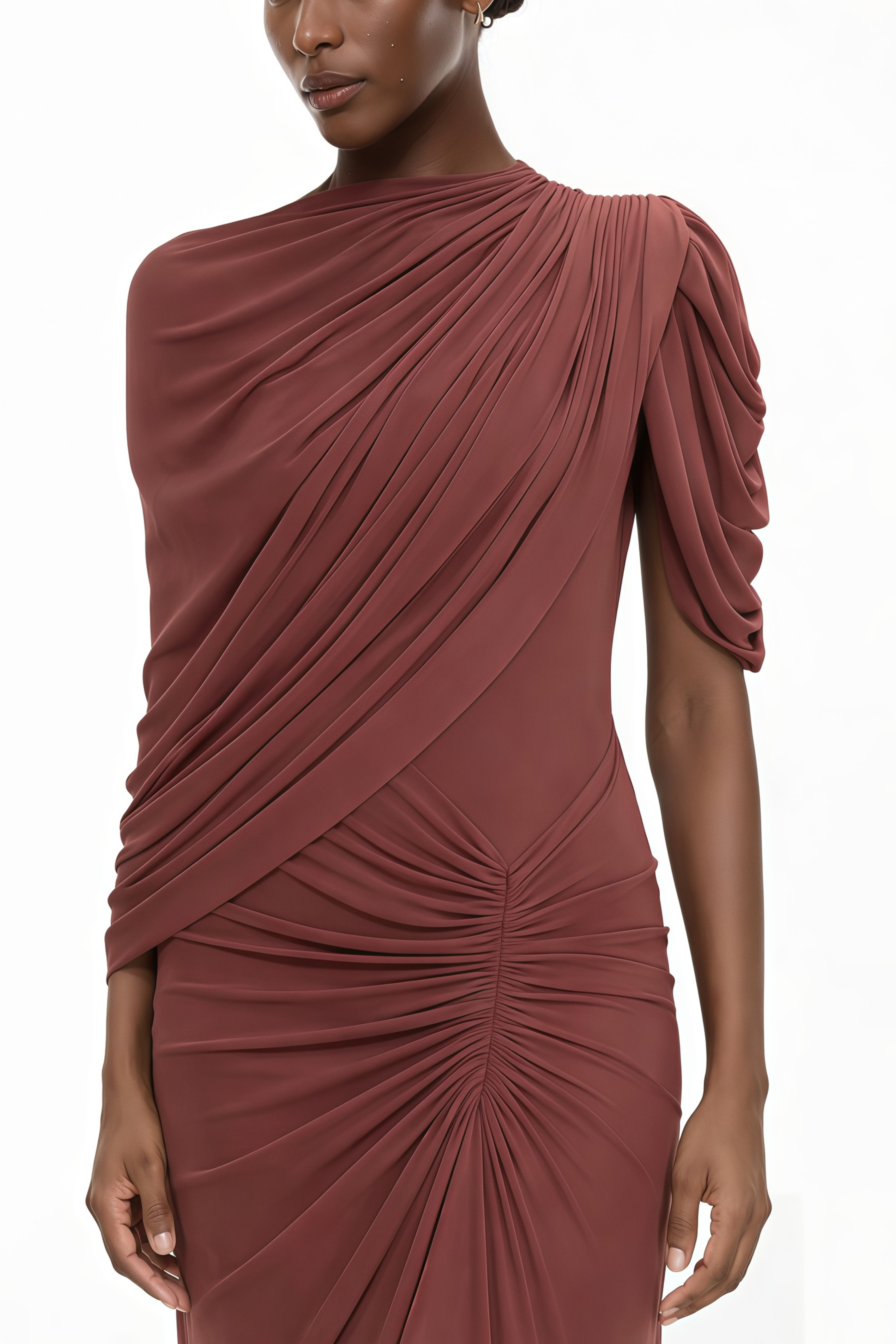 Liliana Brown Asymmetrical Ruched Cape Maxi Dress (Final Sale-US Only)