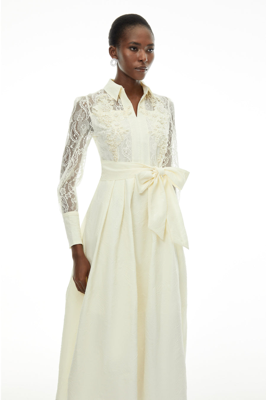 Lilliana Cream Lace Maxi Dress with Lapel Collar