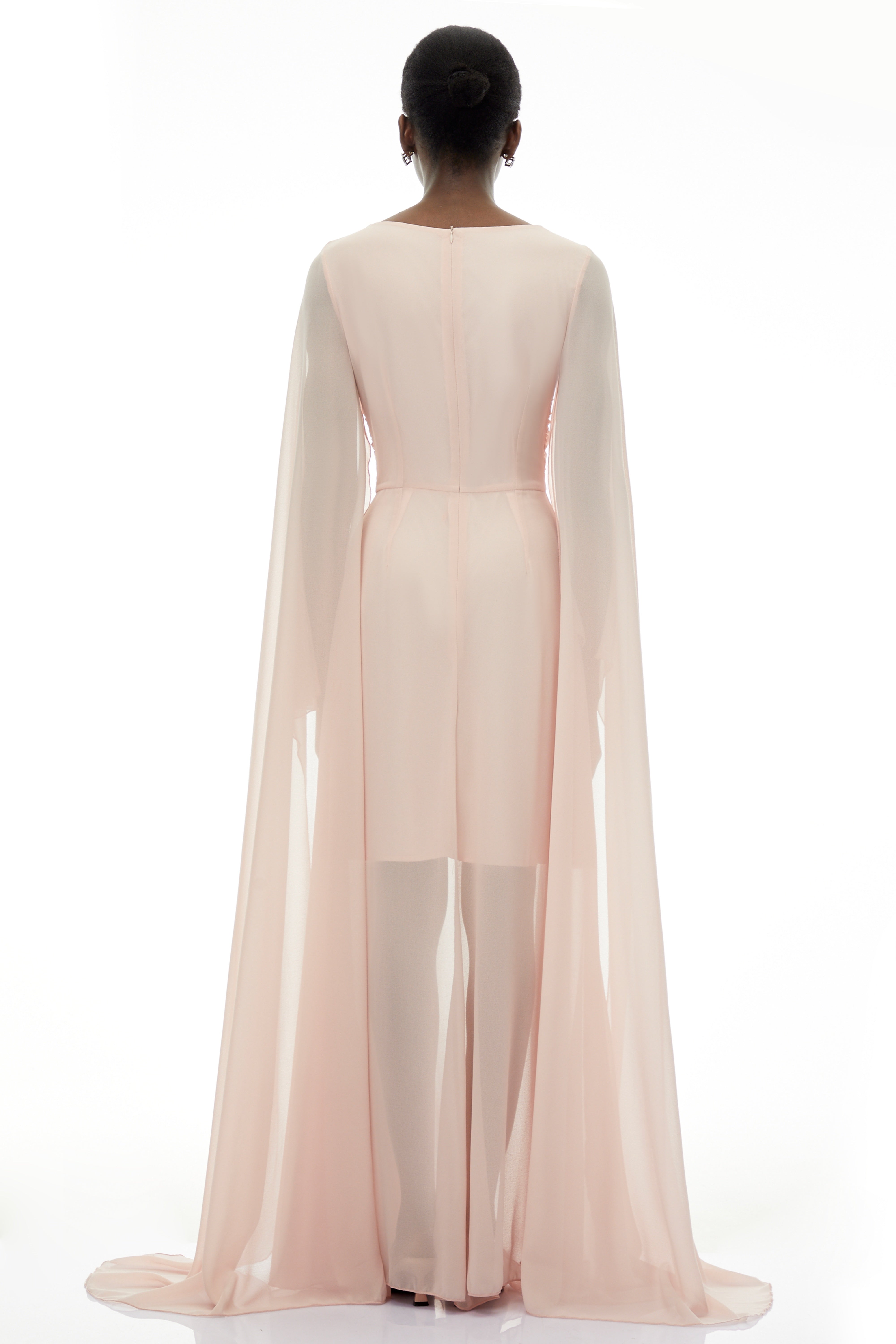 Lindsay Pink Ruched Maxi Dress with Draped Sleeves