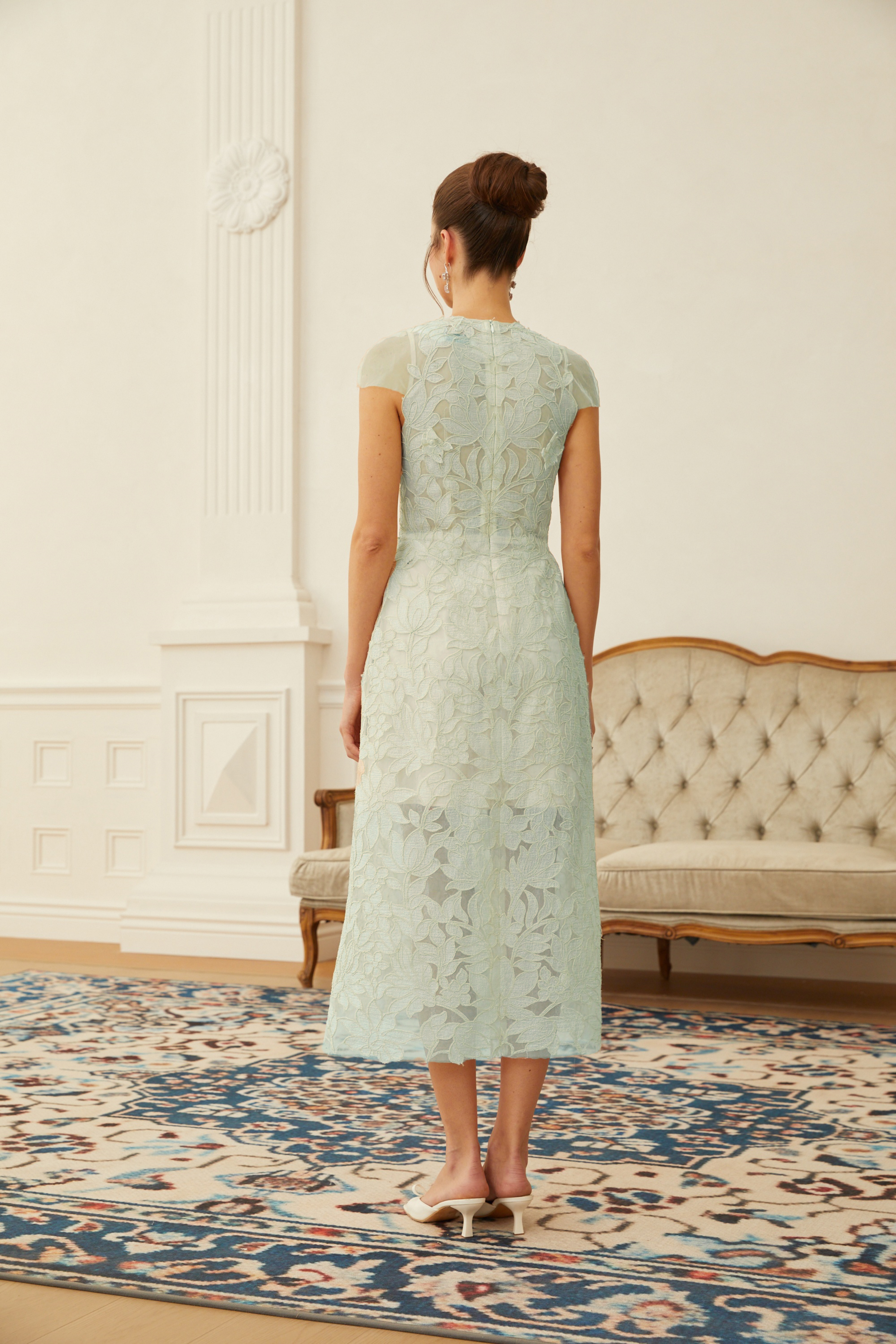 Linnea Green Floral Applique V-Neck Midi Dress