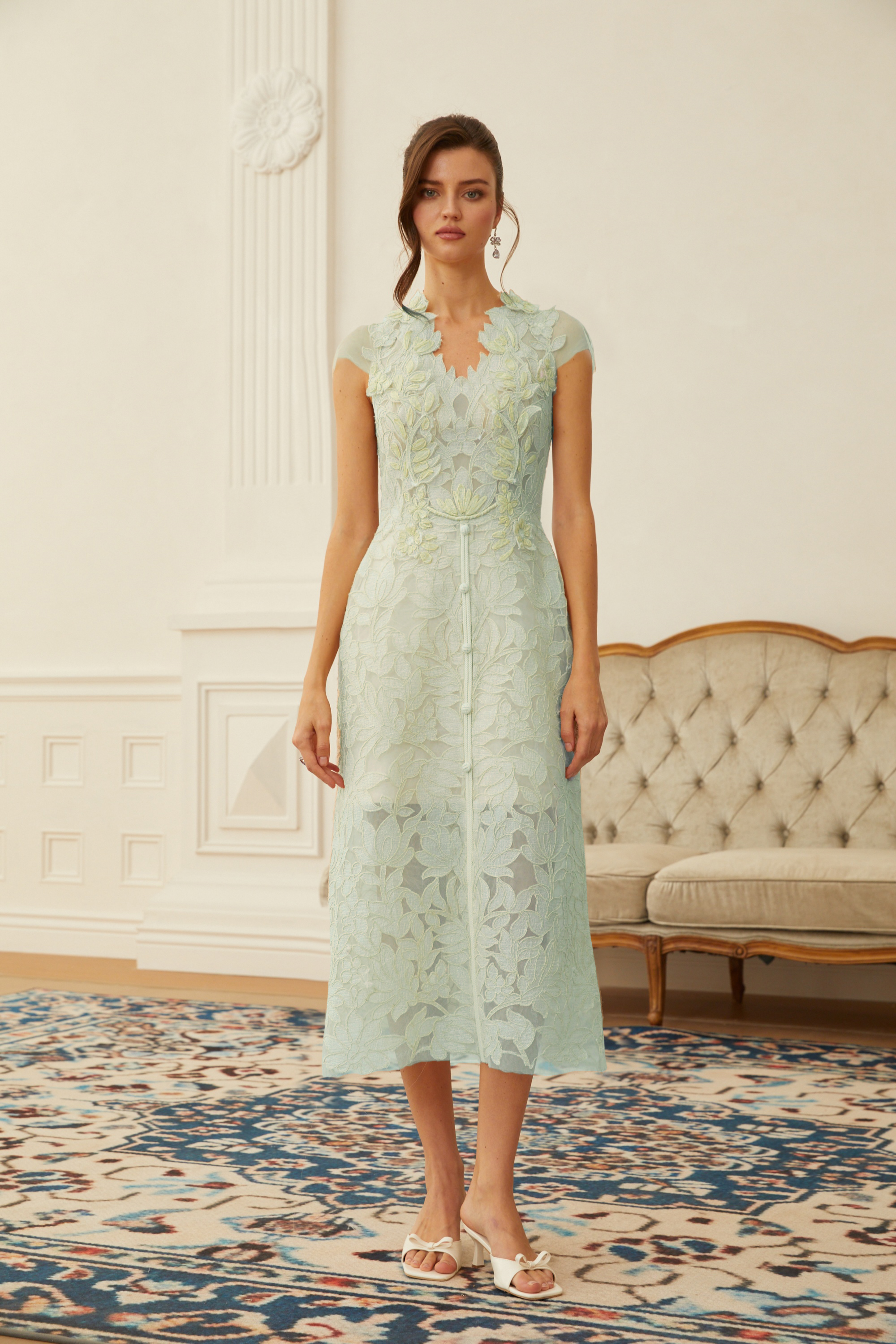 Linnea Green Floral Applique V-Neck Midi Dress