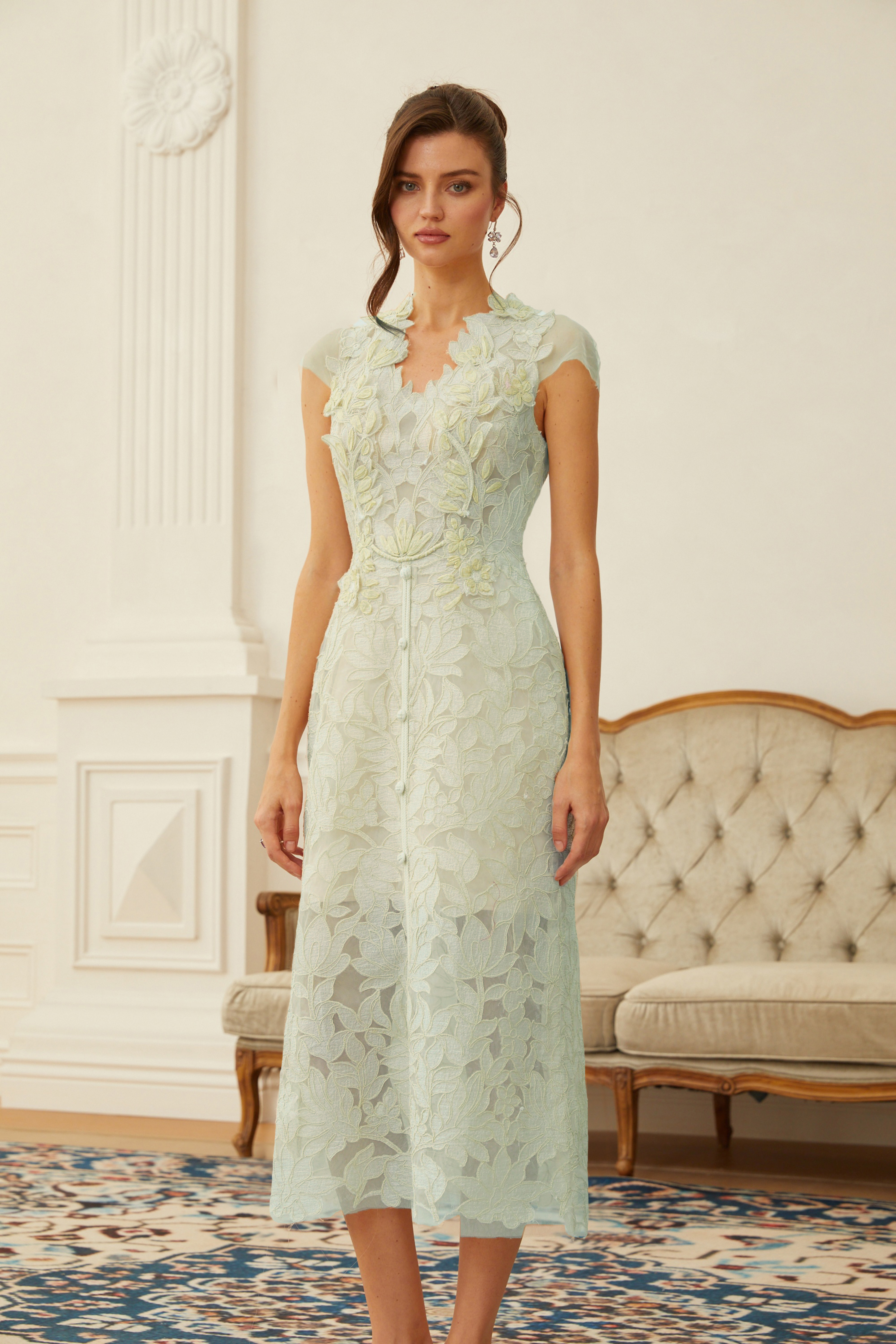 Linnea Green Floral Applique V-Neck Midi Dress
