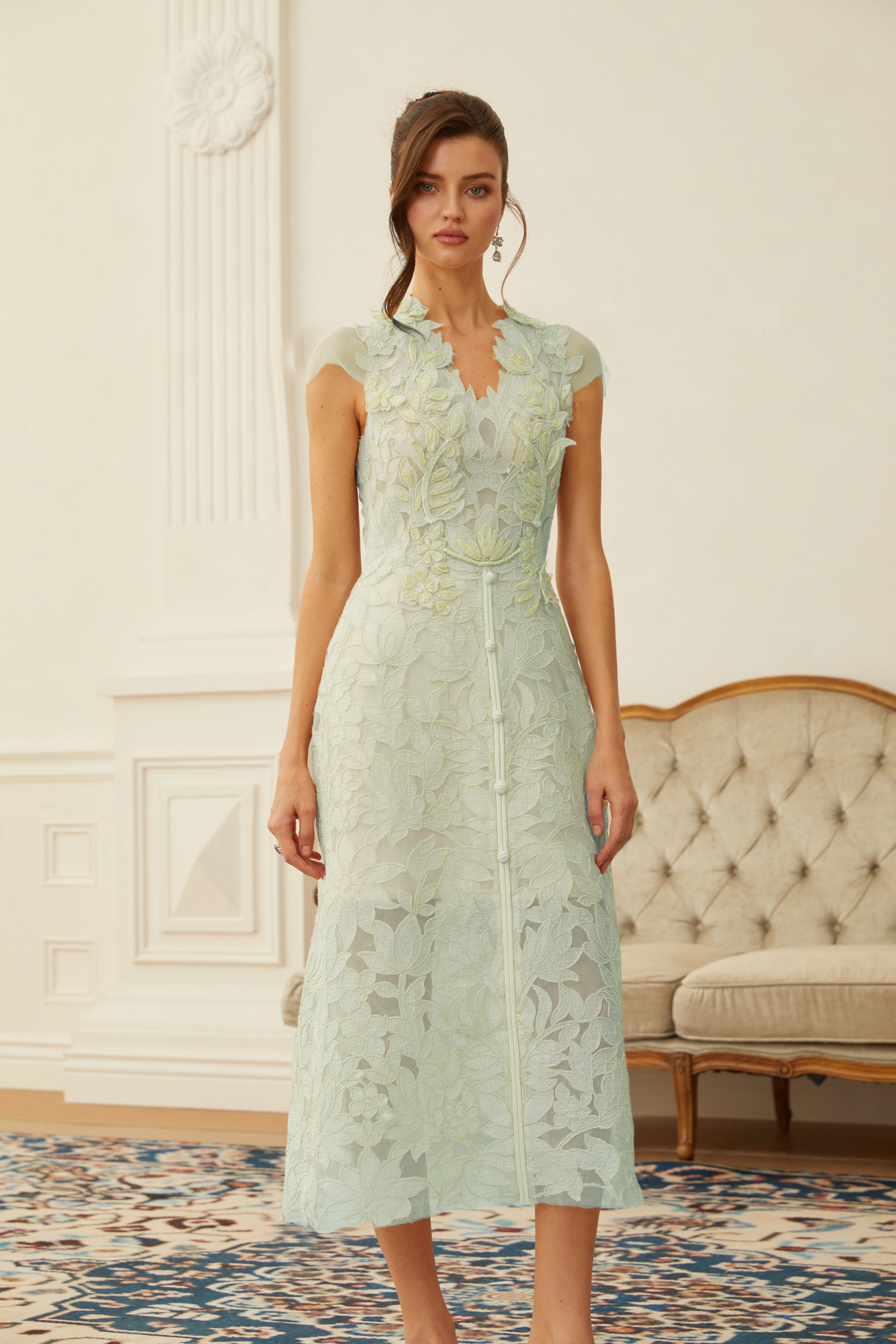 Linnea Green Floral Applique V-Neck Midi Dress