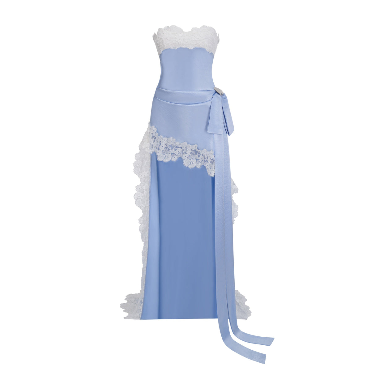 lola blue off shoulder asymmetrical maxi dress with lace trim