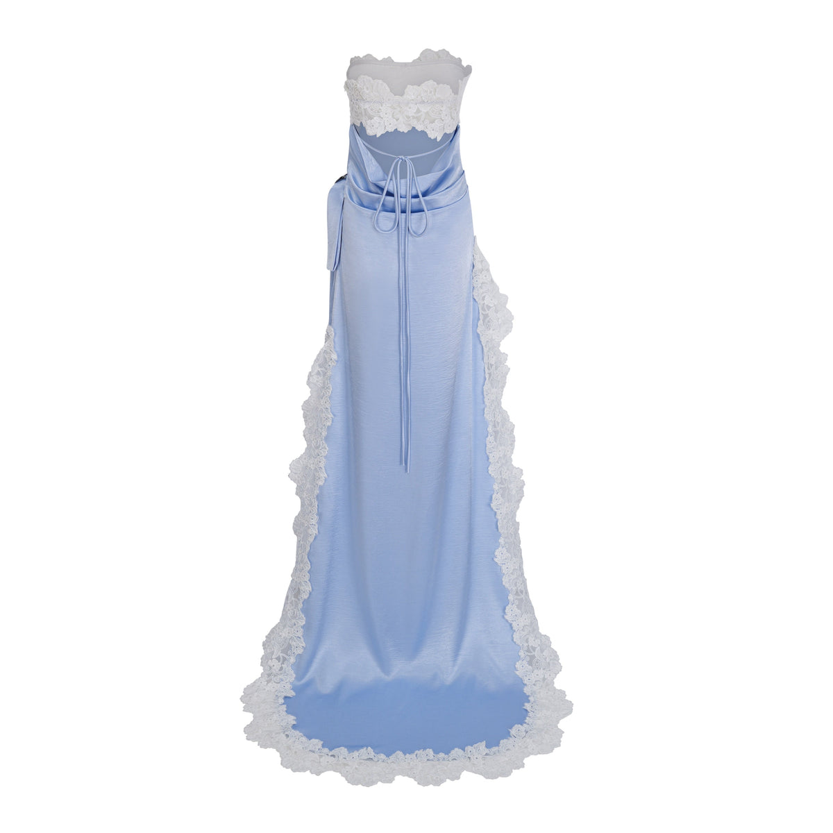 lola blue off shoulder asymmetrical maxi dress with lace trim