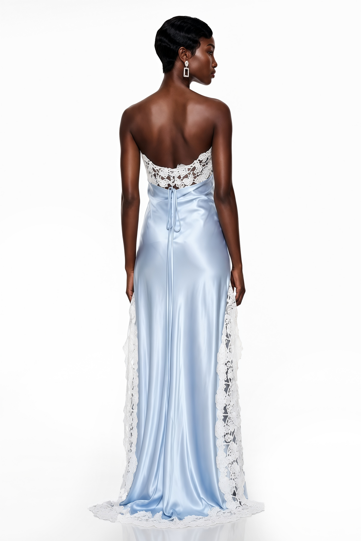lola blue off shoulder asymmetrical maxi dress with lace trim