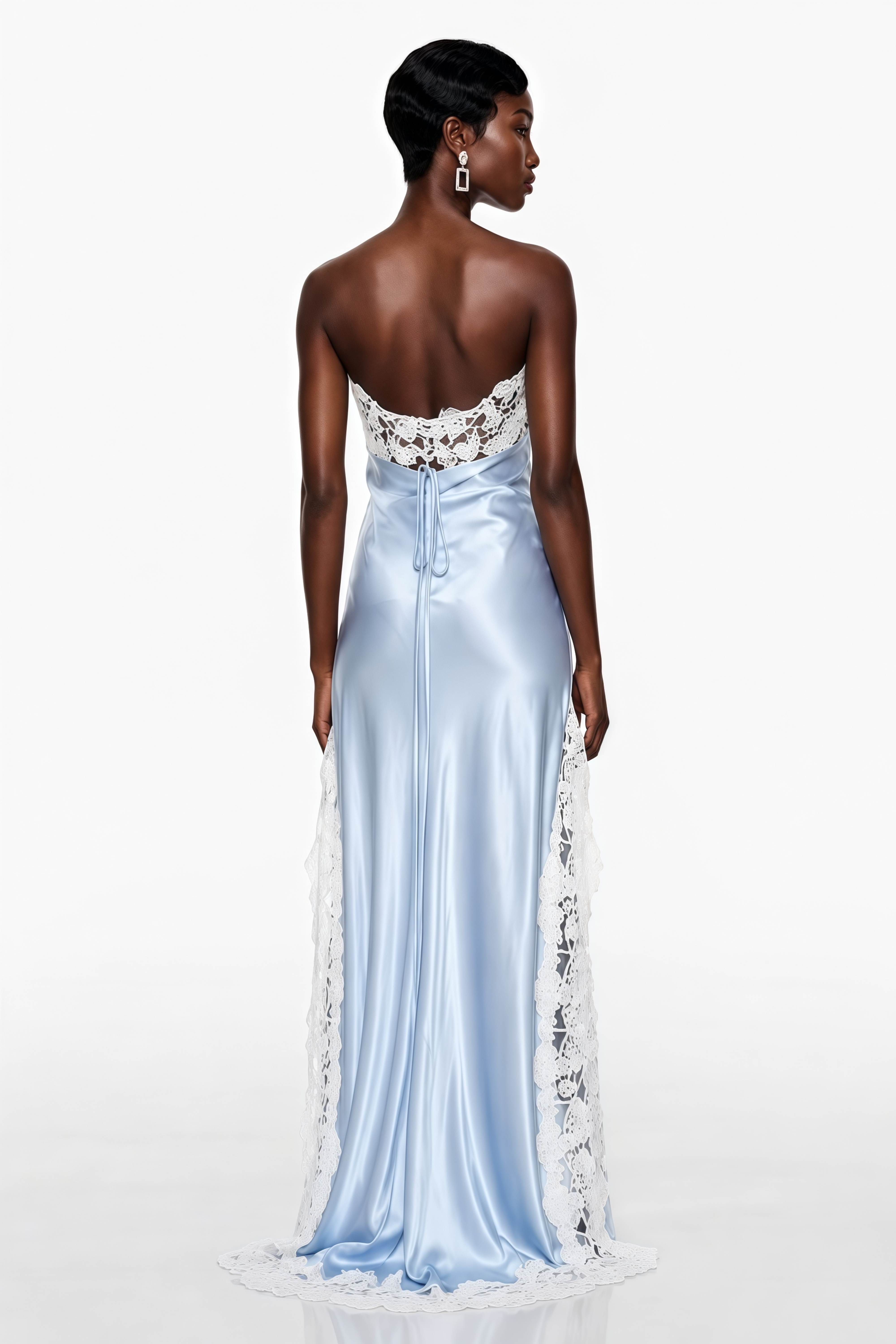 Lola Blue Off Shoulder Asymmetrical Maxi Dress with Lace Trim