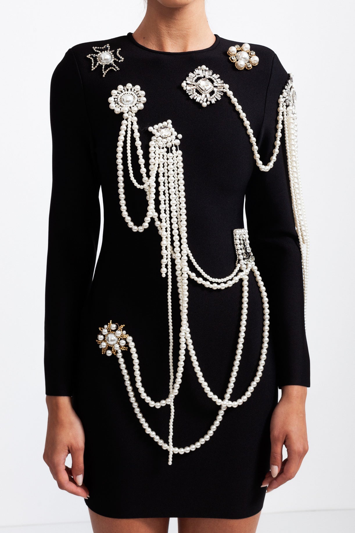 CECILE  Long Sleeve Diamond Pearls Mini Dress - Black