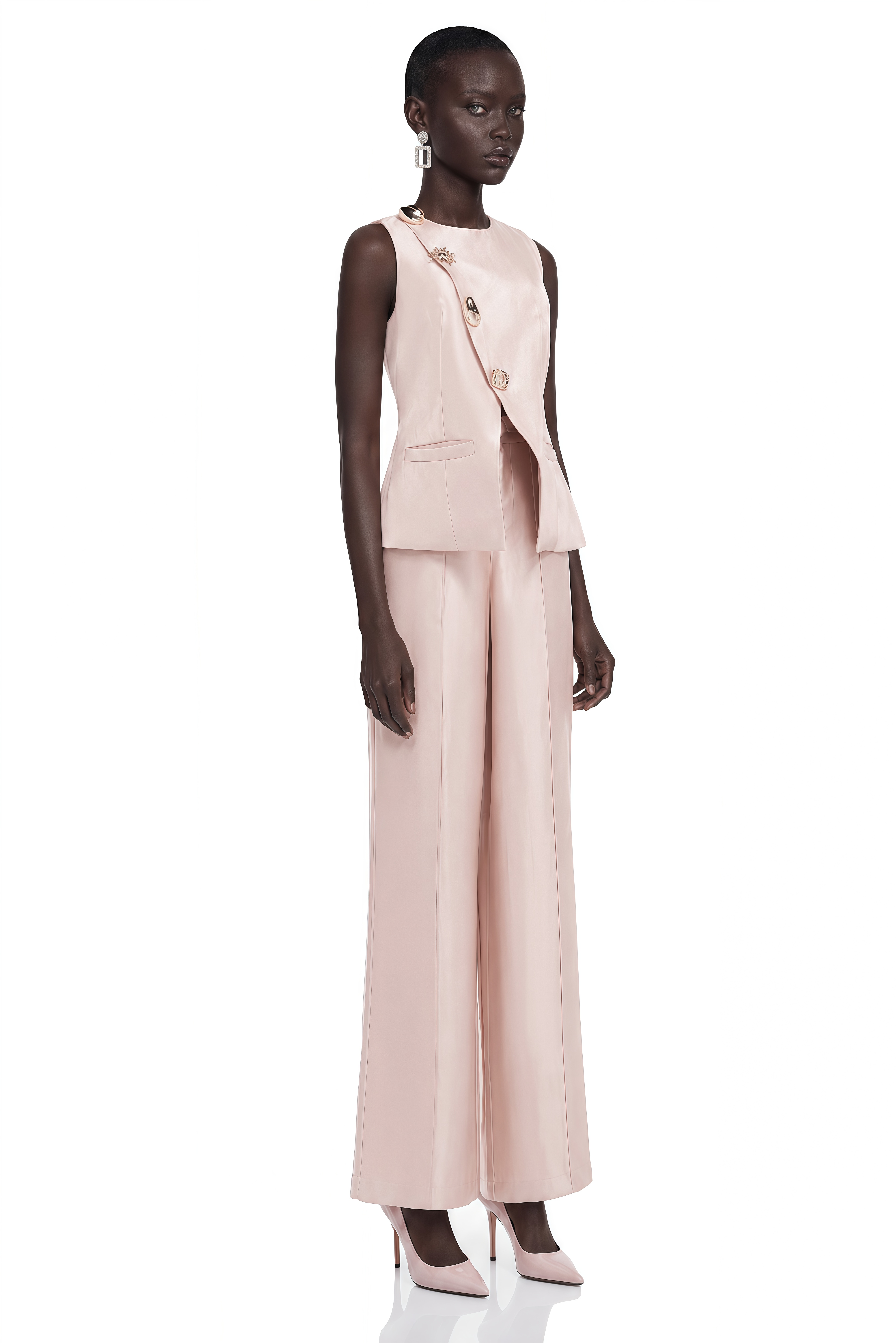 Lorraine Pink Tailored Vest & Trousers Set with Metal Brooch