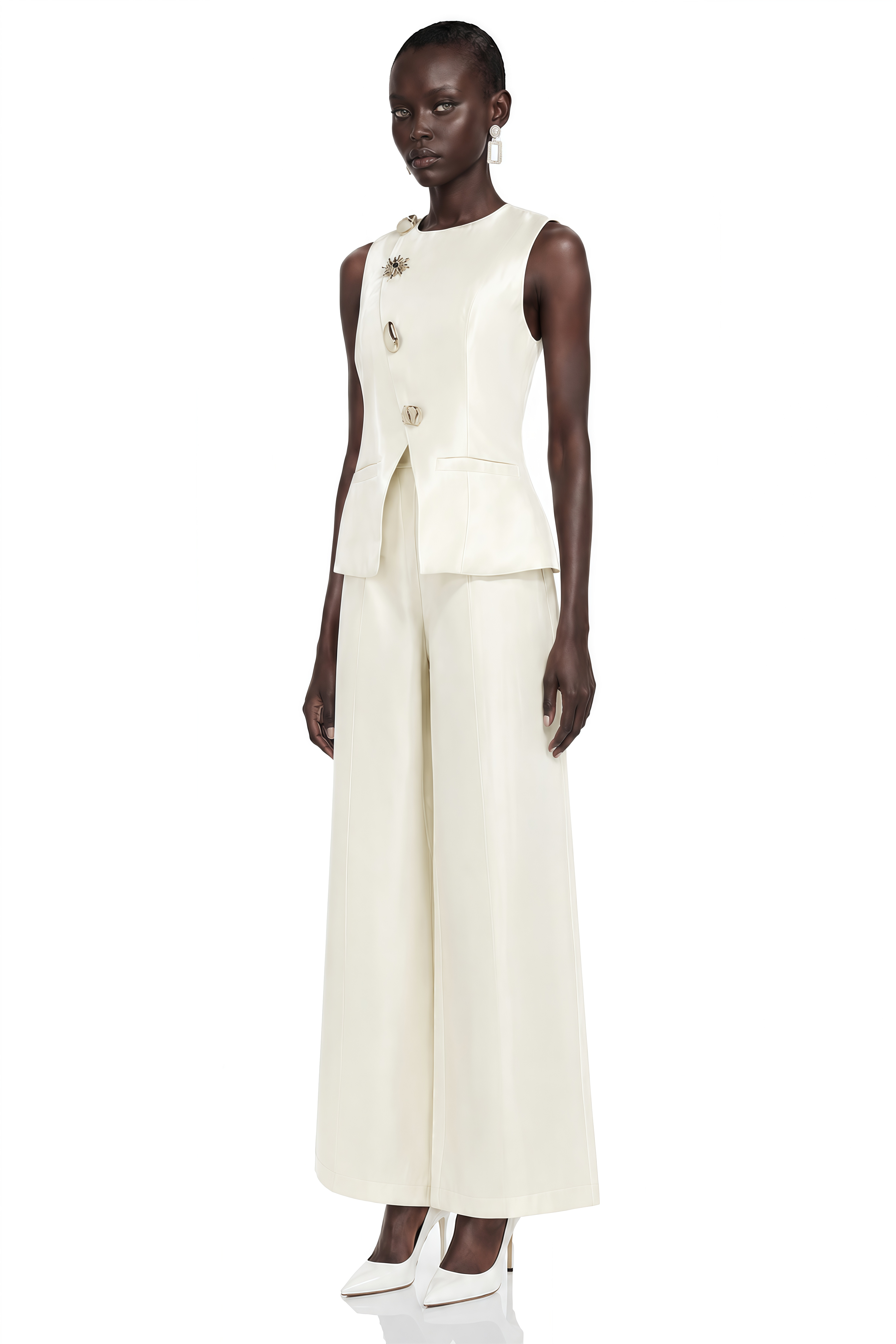 Lorraine White Tailored Vest & Trousers Set with Metal Brooch