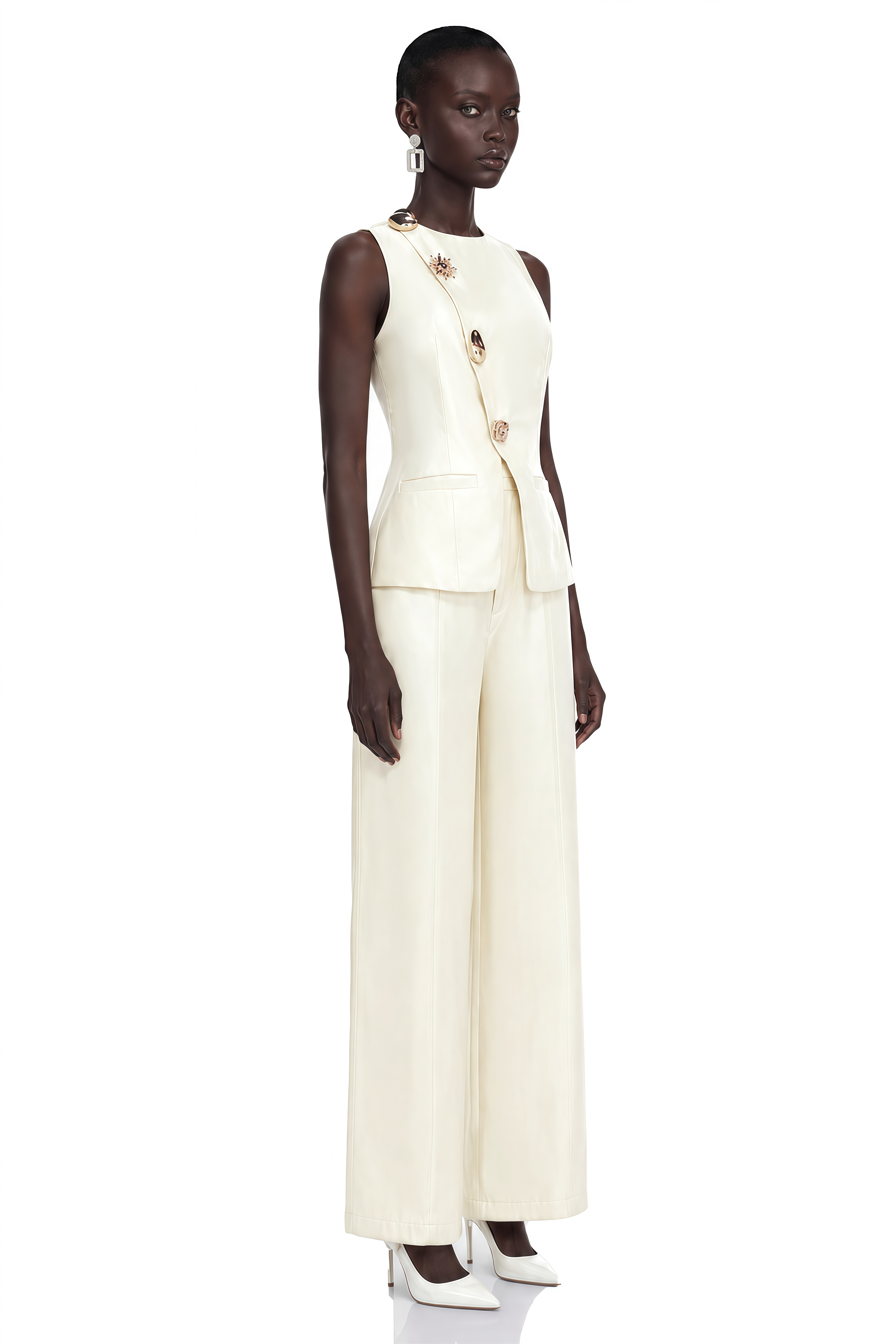 Lorraine White Tailored Vest & Trousers Set with Metal Brooch