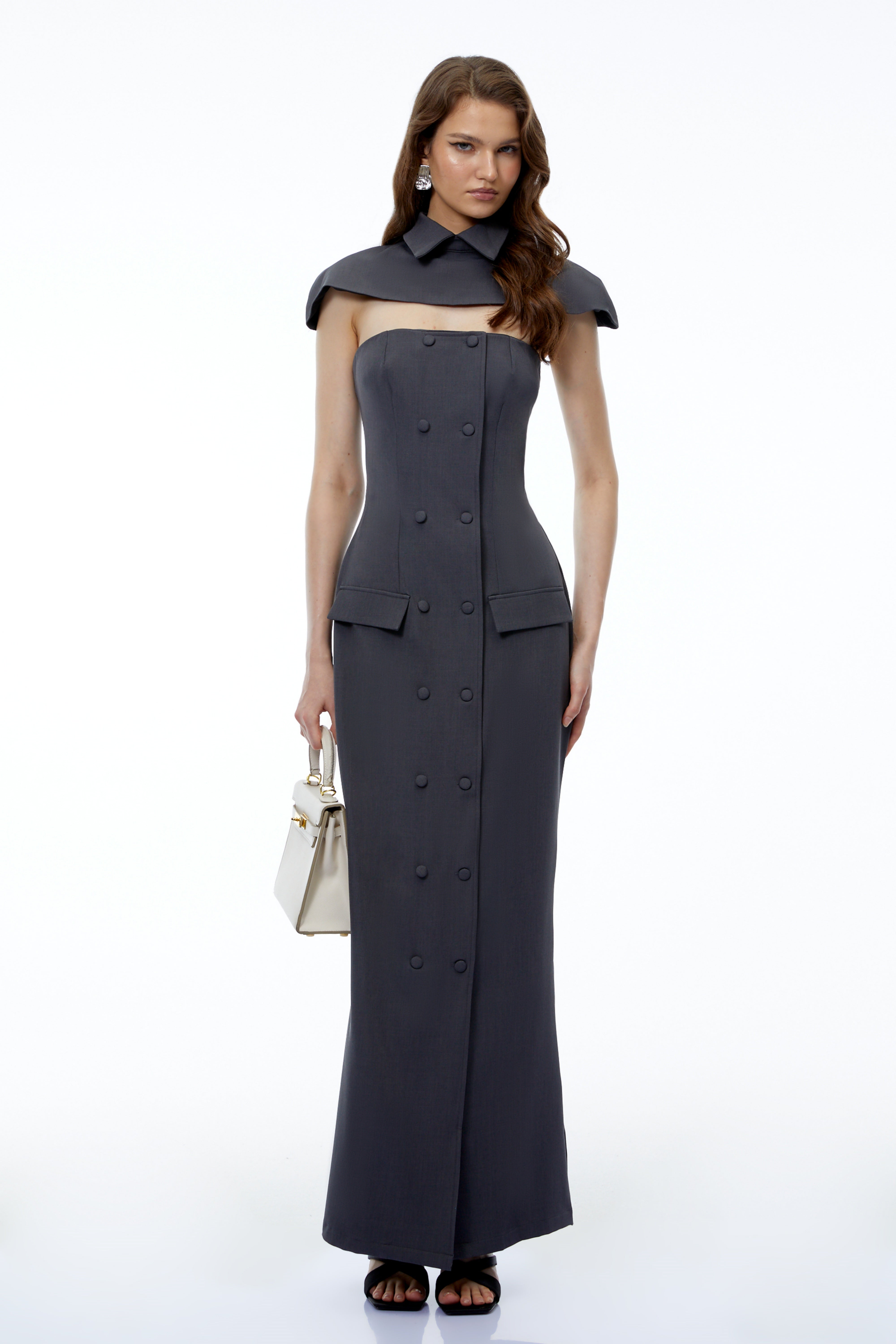 Lotte Grey Cape Pantsuit with Buttons