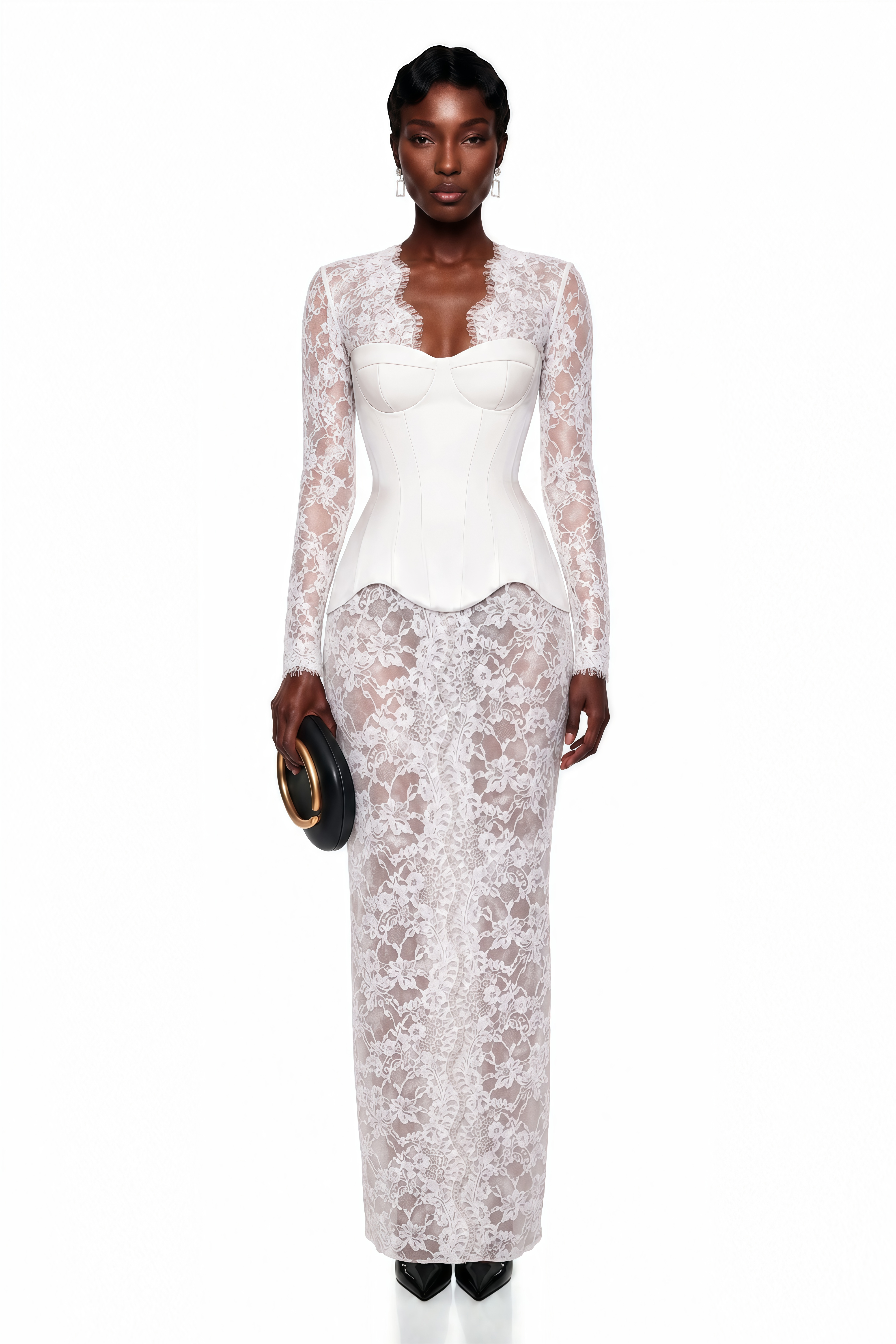 Luciana White Plunge Neck Maxi Dress with Lace Panel - XS / White Luciana White Plunge Neck Maxi Dress with Lace Panel - XS / White