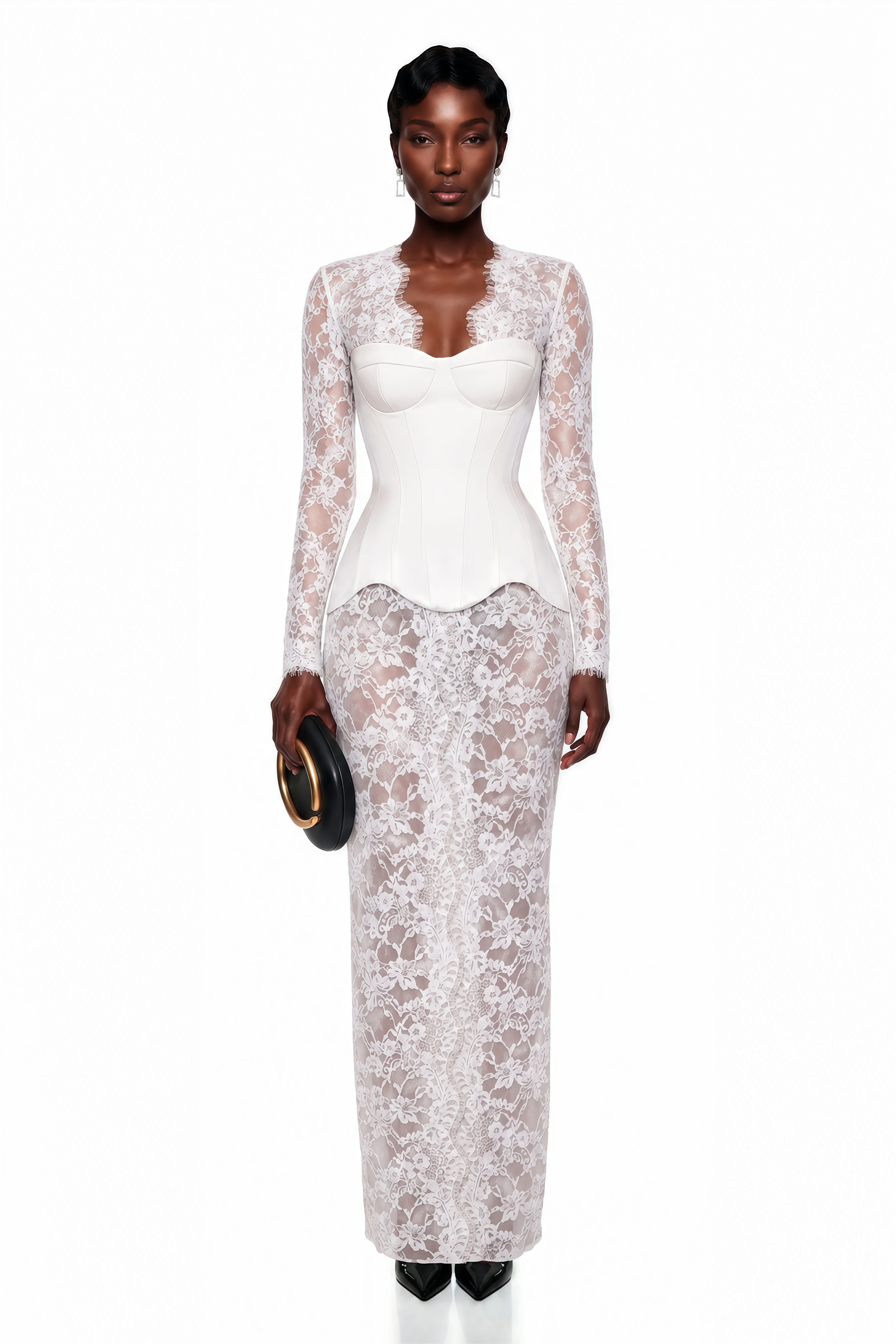 Luciana White Plunge Neck Maxi Dress with Lace Panel