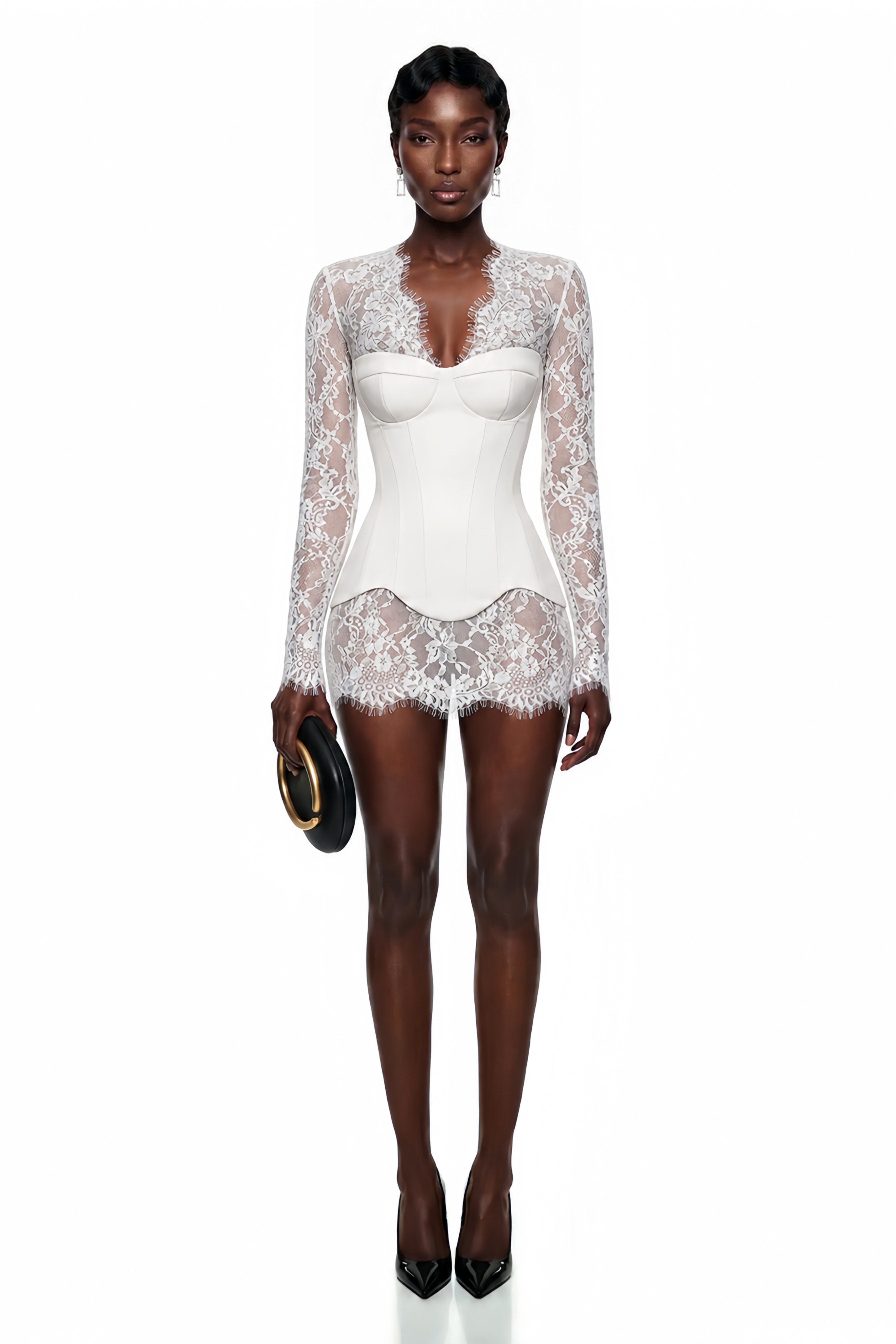 Luciana White Plunge Neck Mini Dress with Lace Panel Luciana White Plunge Neck Mini Dress with Lace Panel