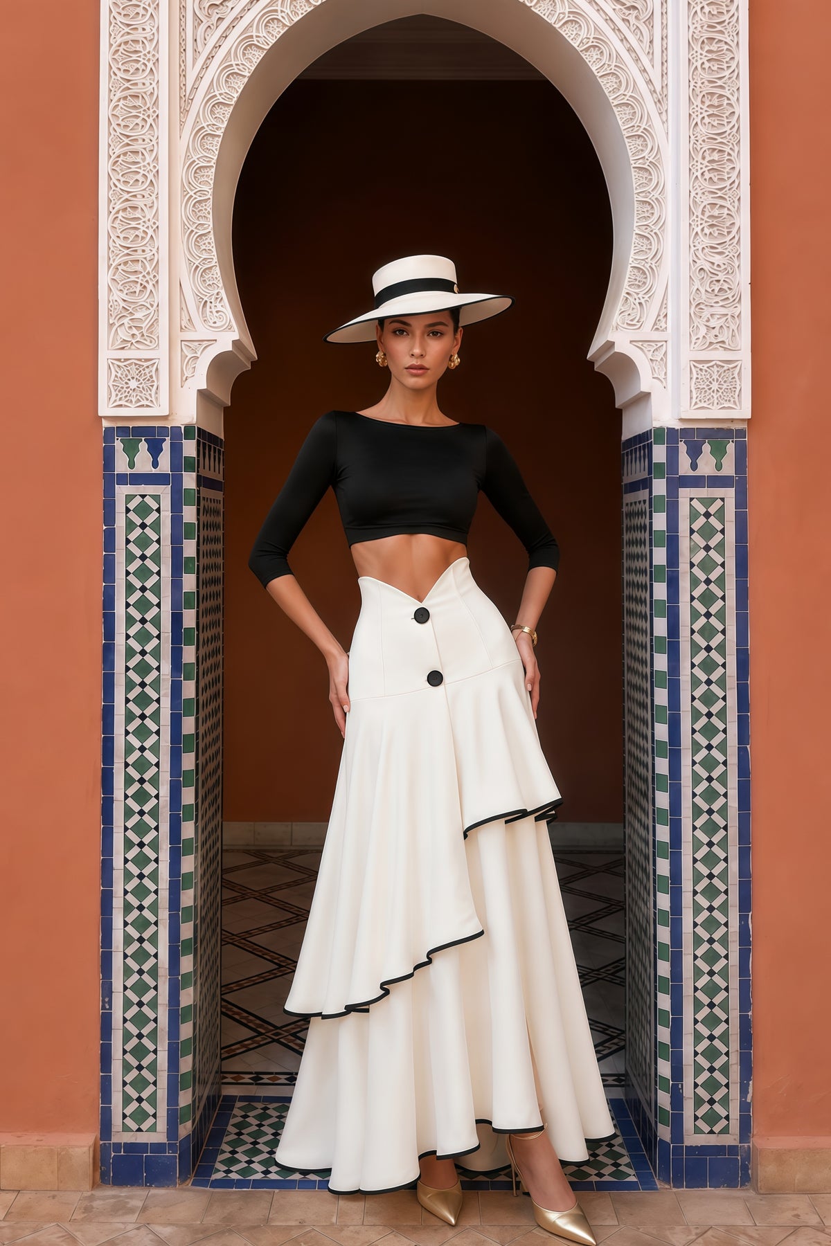 lysandre white color block top & tiered skirt set