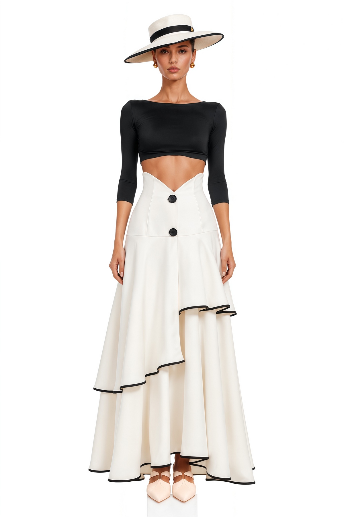 lysandre white color block top & tiered skirt set