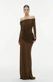 Zenobia Brown Asymmetrical Draped Mesh Maxi Dress