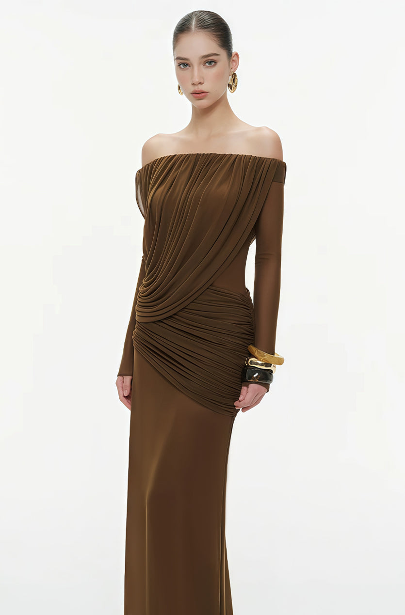 Zenobia Brown Asymmetrical Draped Mesh Maxi Dress