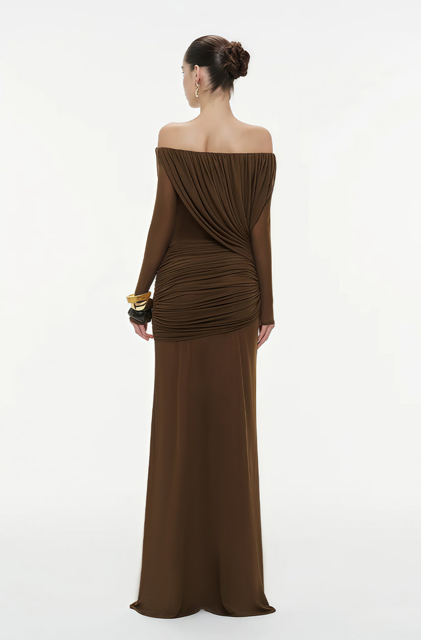 Zenobia Brown Asymmetrical Draped Mesh Maxi Dress (Final Sale-US Only)