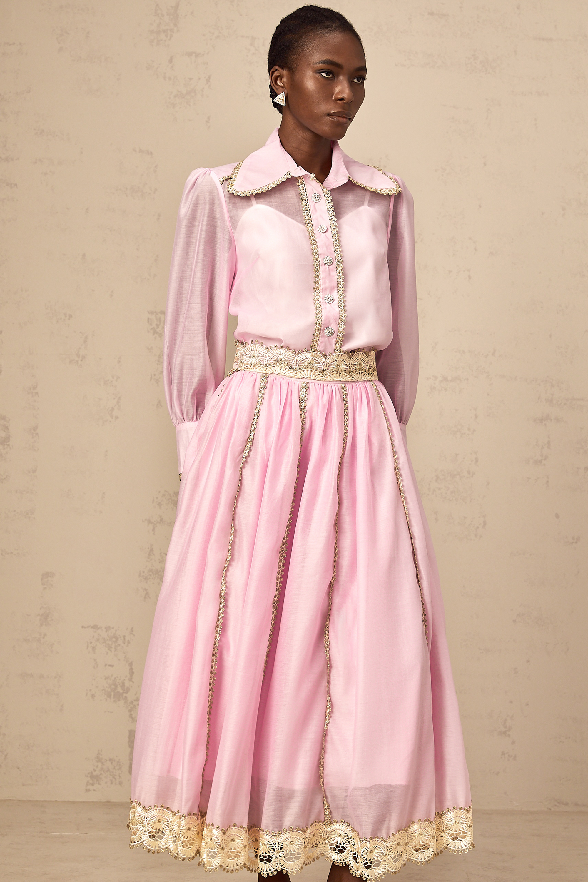 Frida pink lace-trim shirt & skirt matching set (Final Sale-US Only)