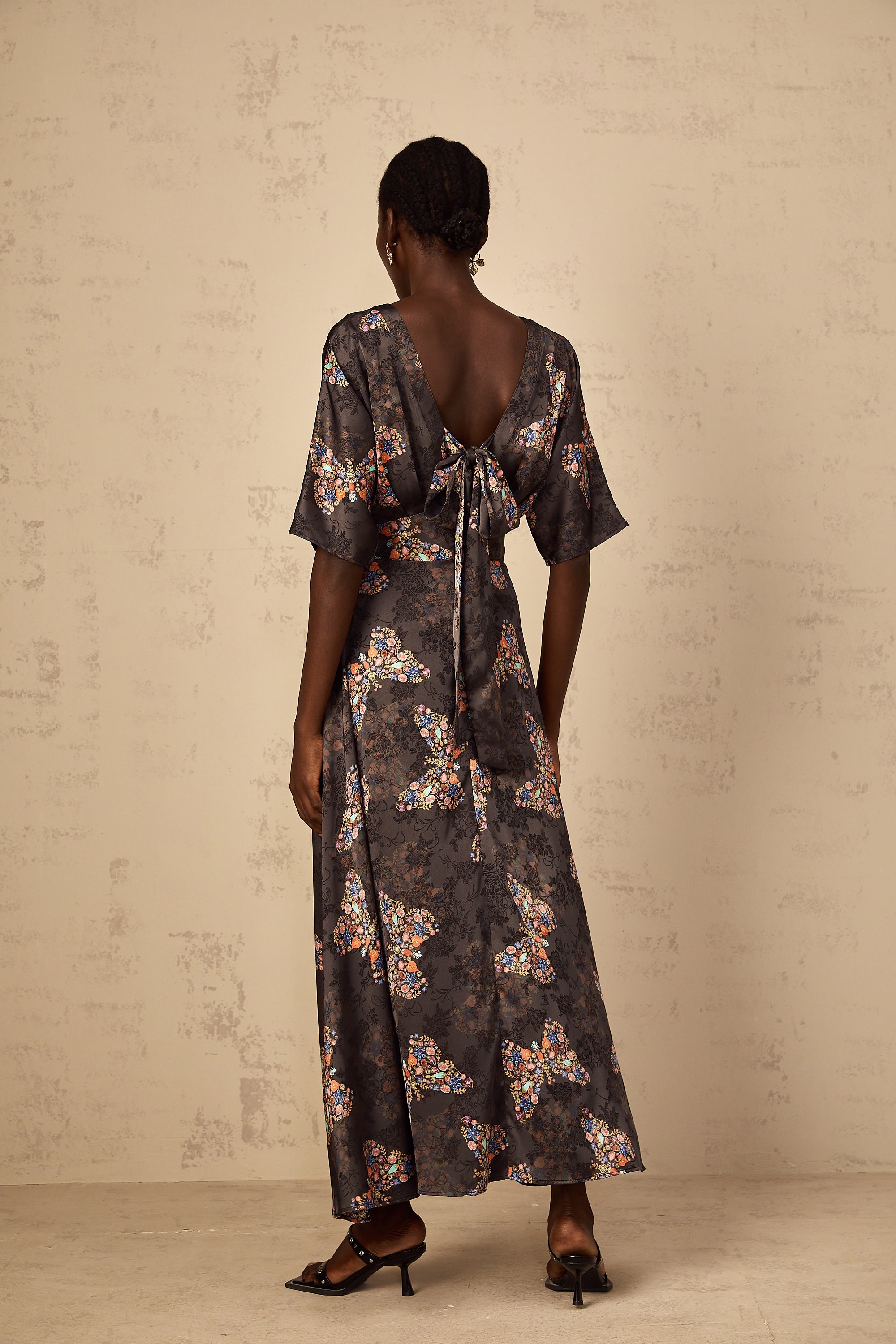 Glannon Black Self-Tie Butterfly Print Maxi Dress
