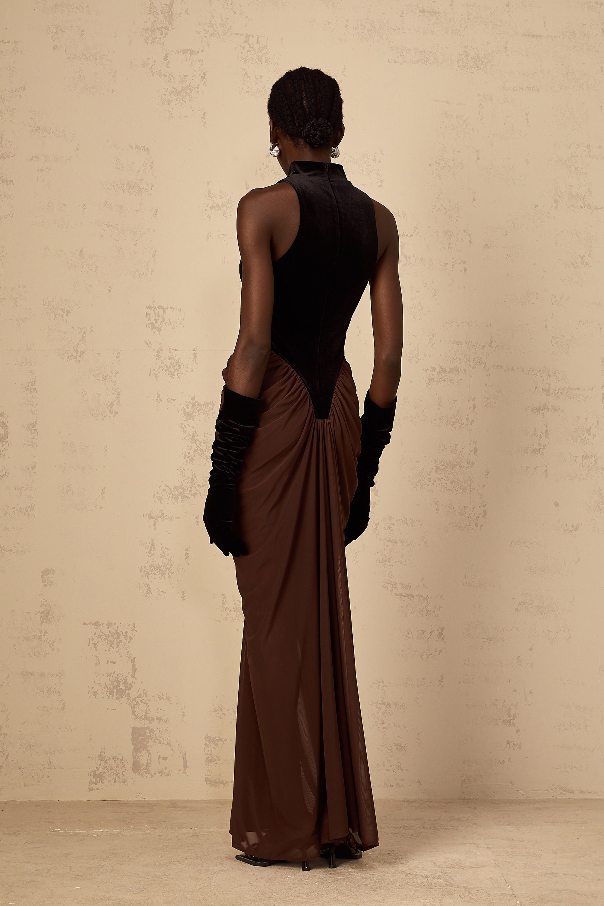 Mathilde brown velvet-panel ruched maxi dress (Final Sale)