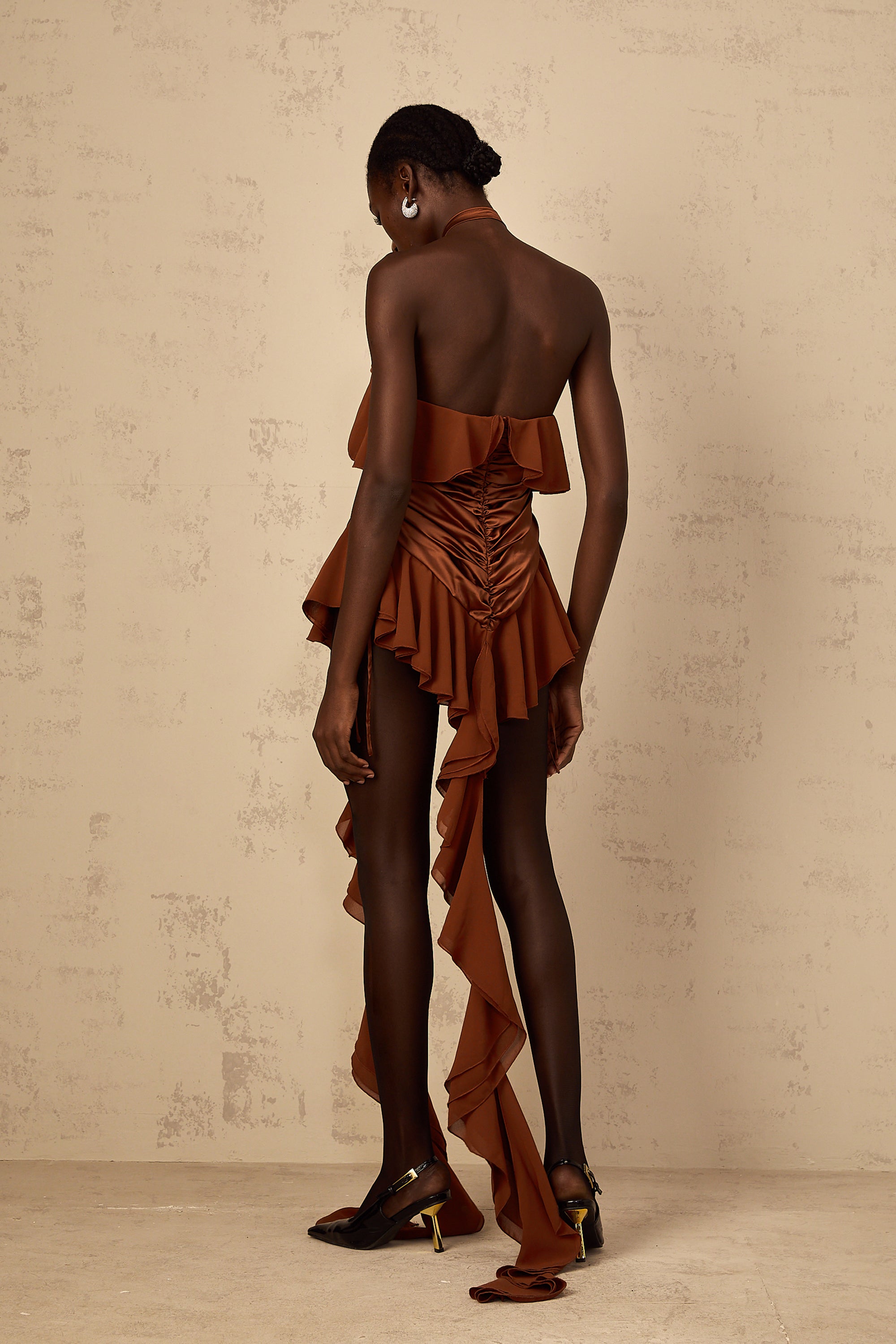 Léonie brown floral-appliqué ruched mini dress (Final Sale-US Only)