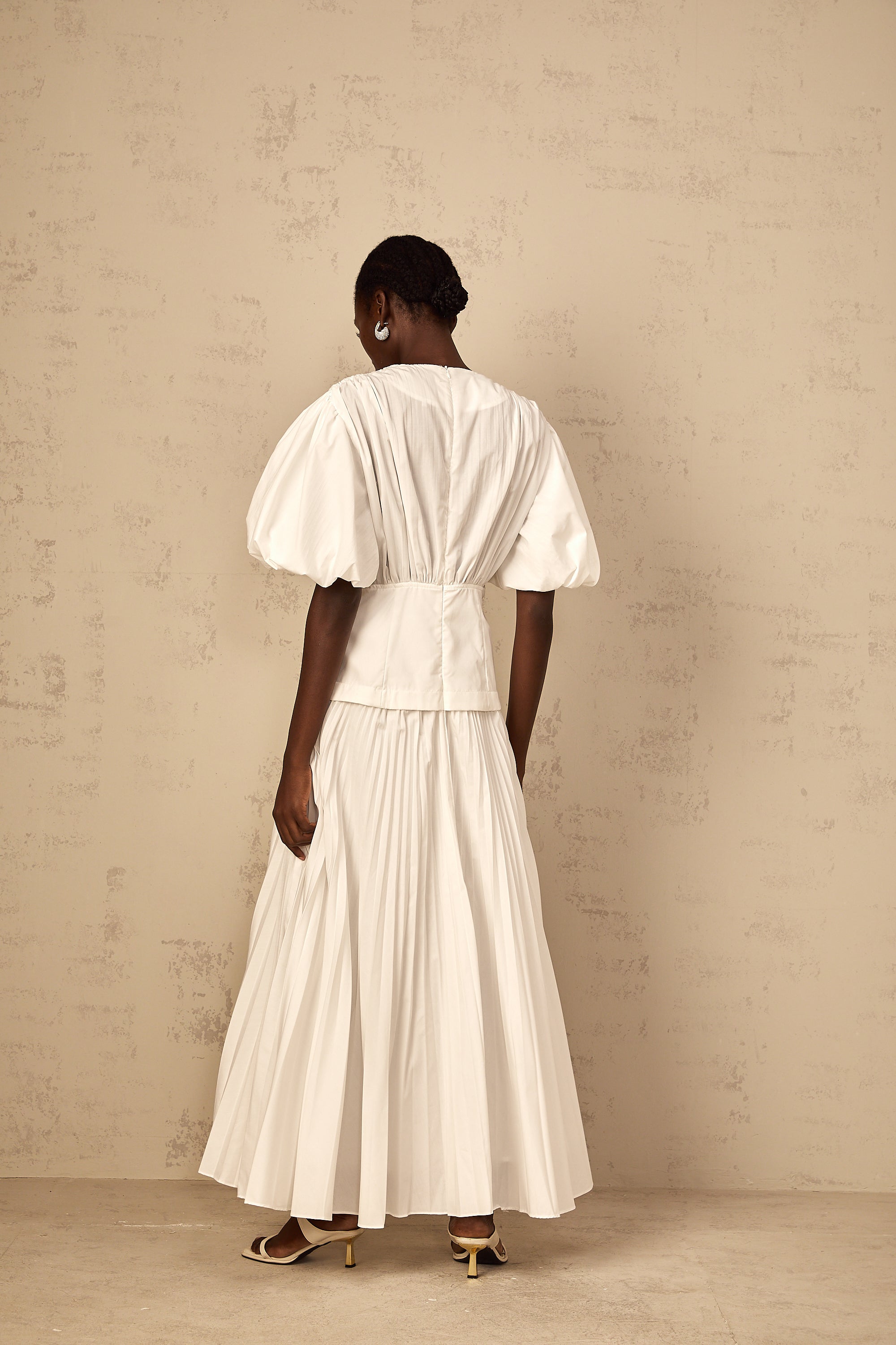 Vienne White Lace-Up Pleated Maxi Dress