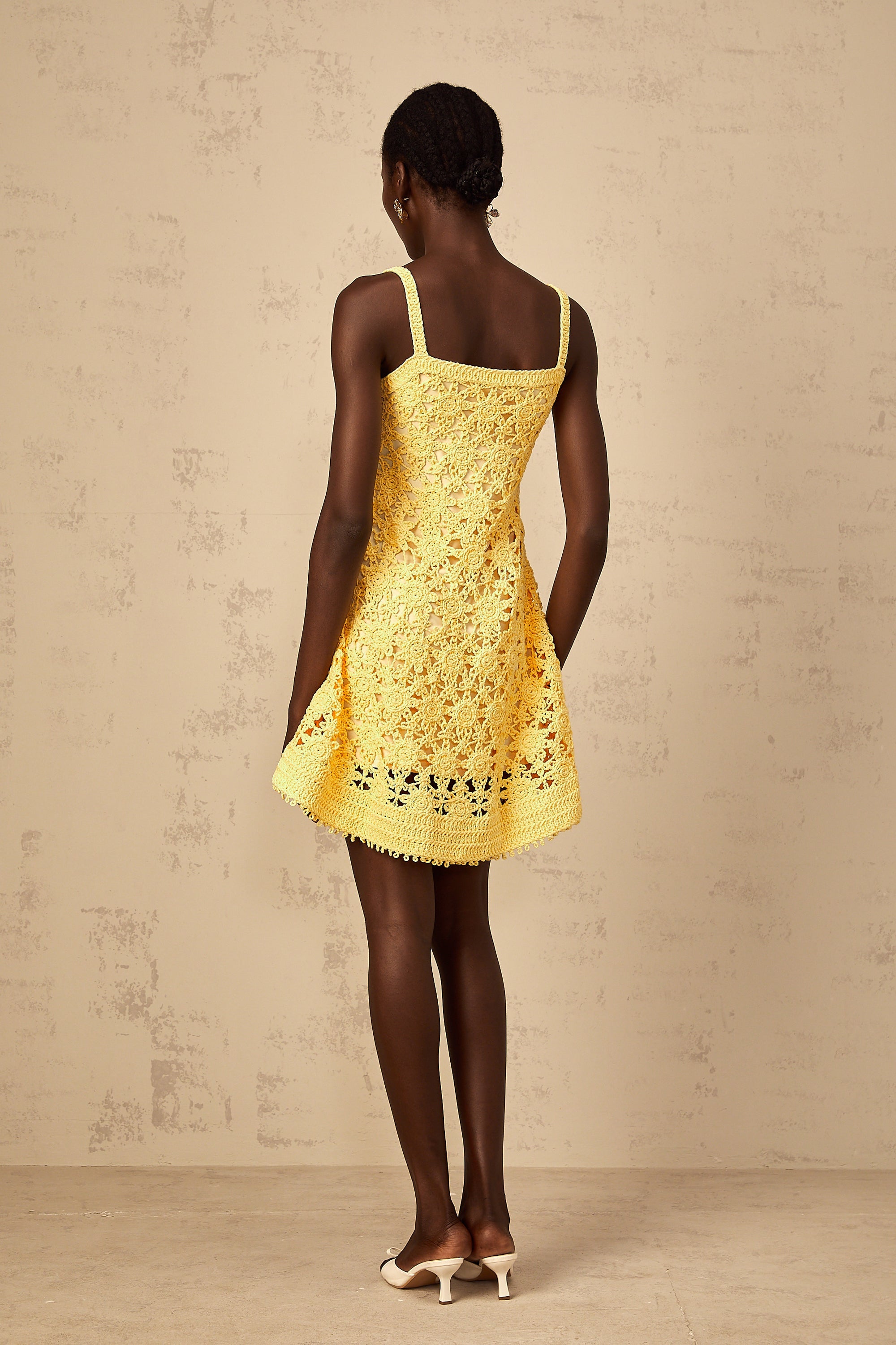 Isoline Yellow Flared Crochet Knit Mini Dress