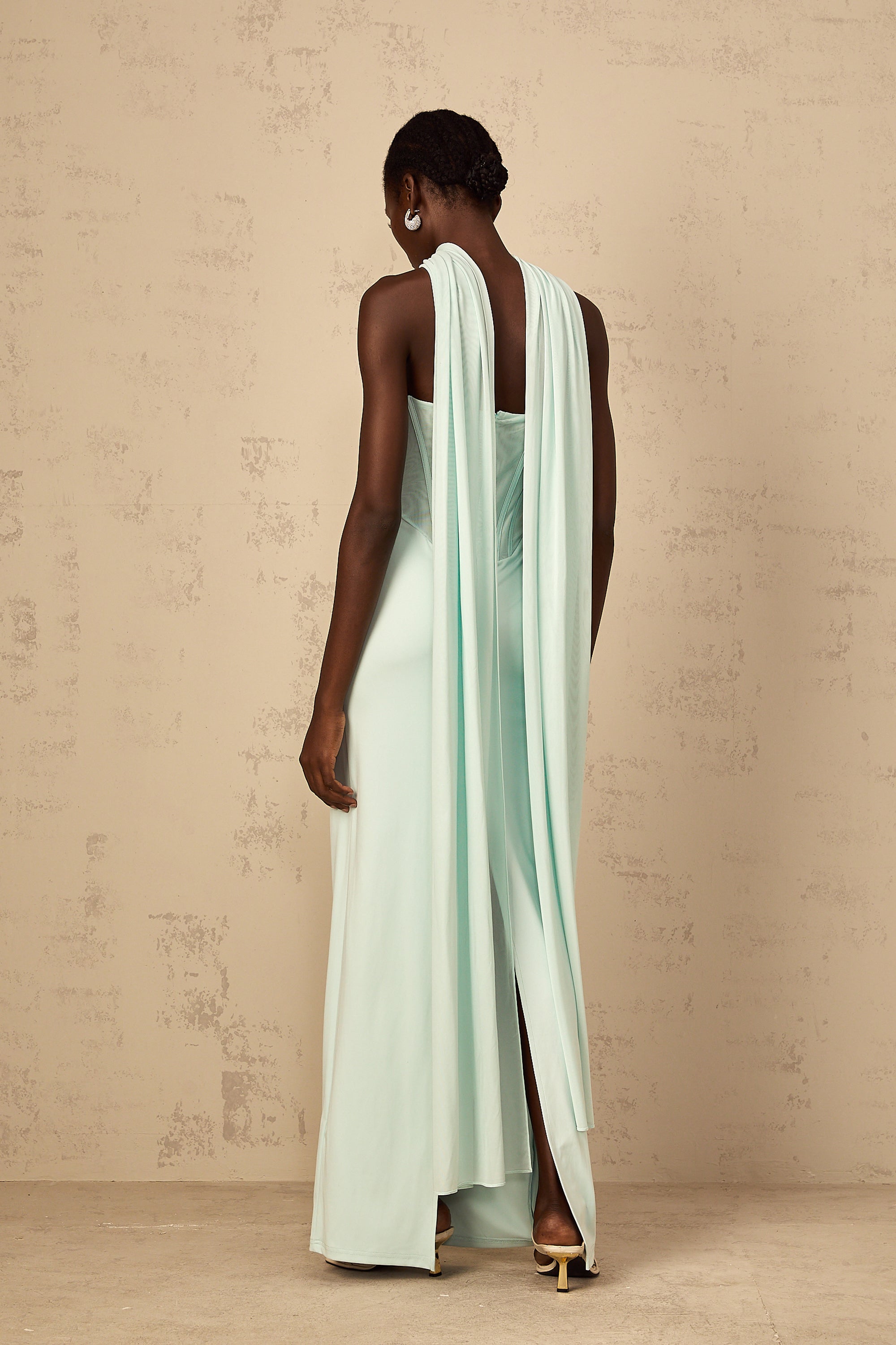 Béryl Tulle Panel Corset Maxi Dress in Mint Green