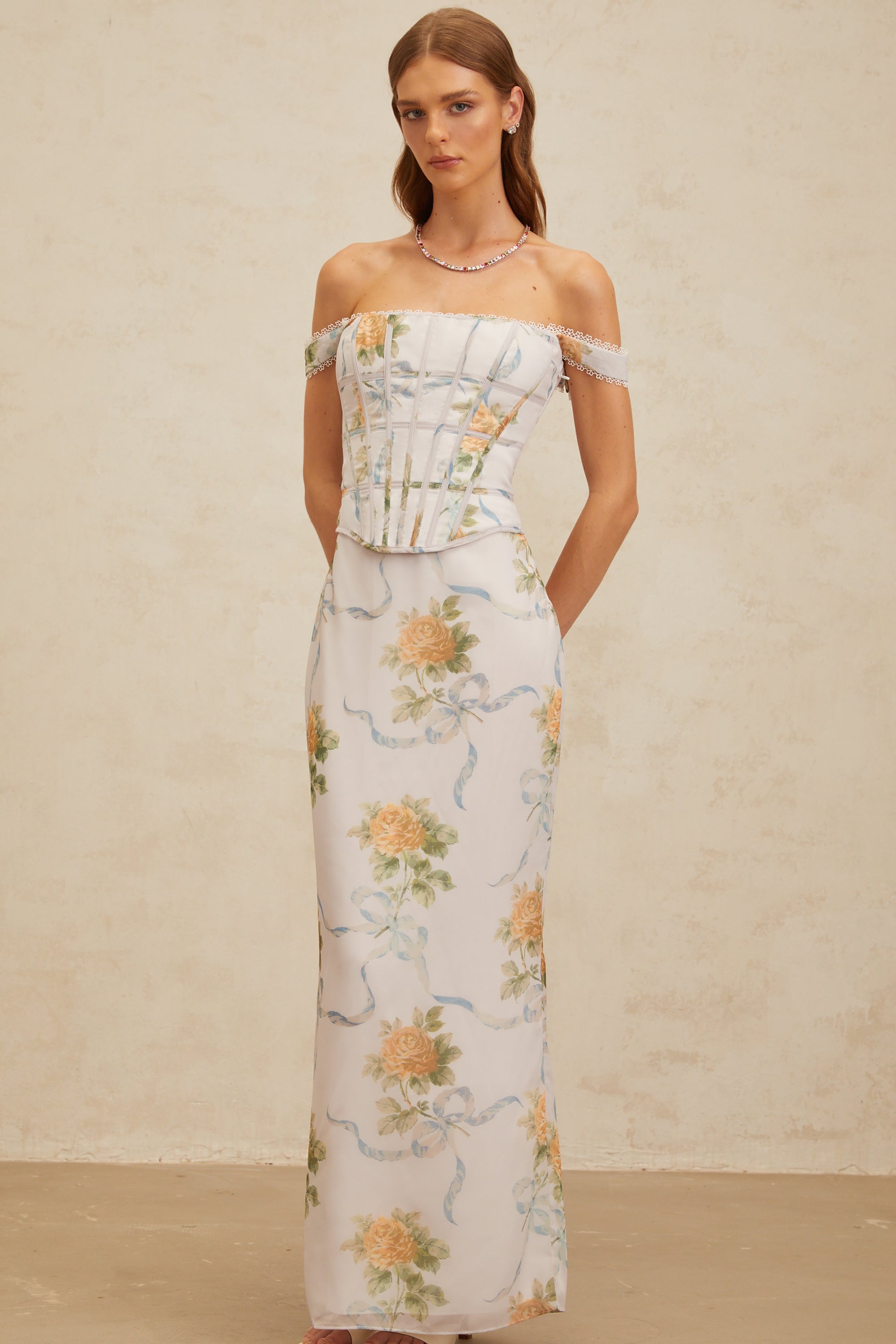 Béryl Soft-Blue Floral Print Fitted Maxi Dress