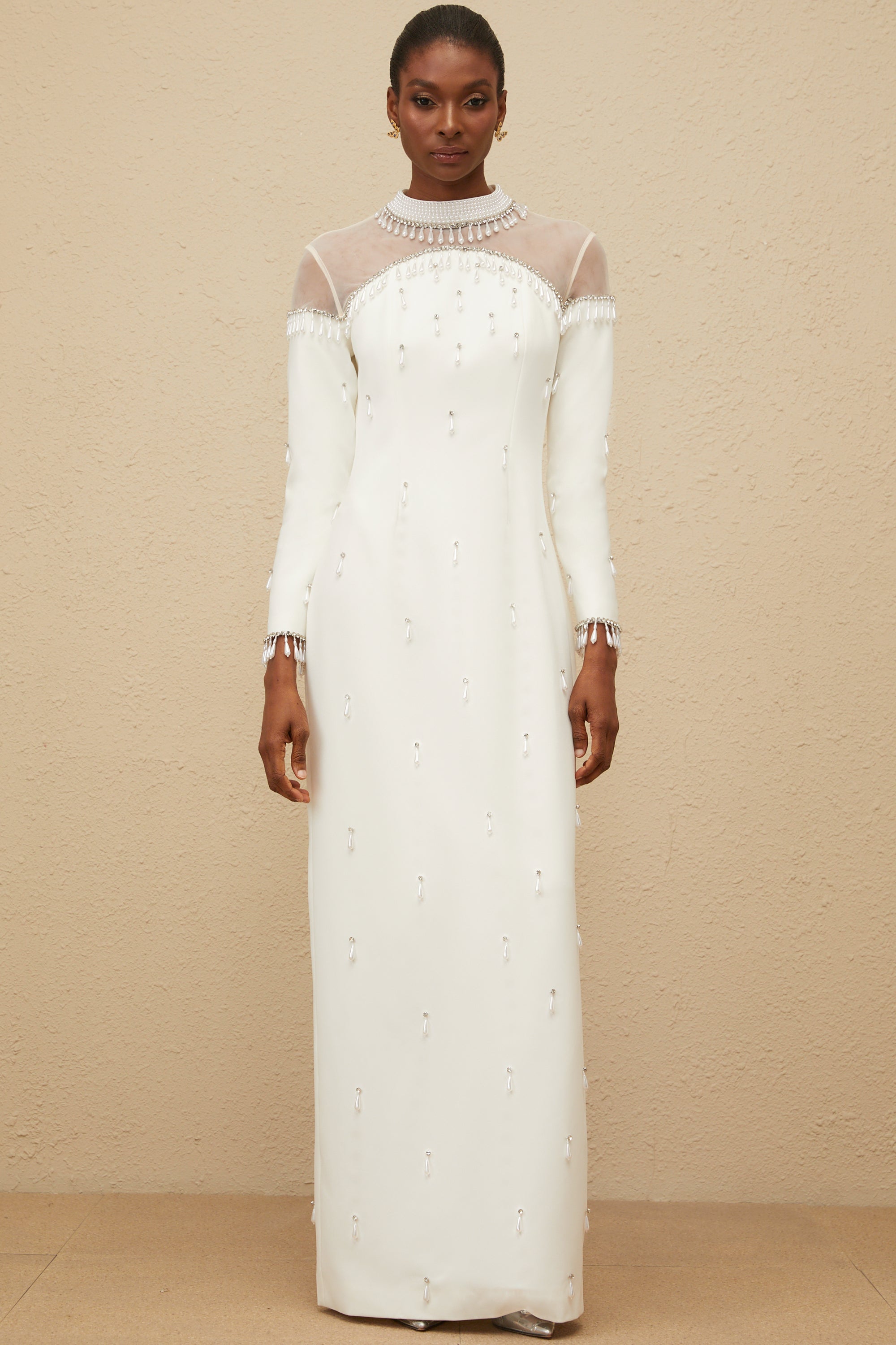Céline White Embellished Evening Maxi Gown