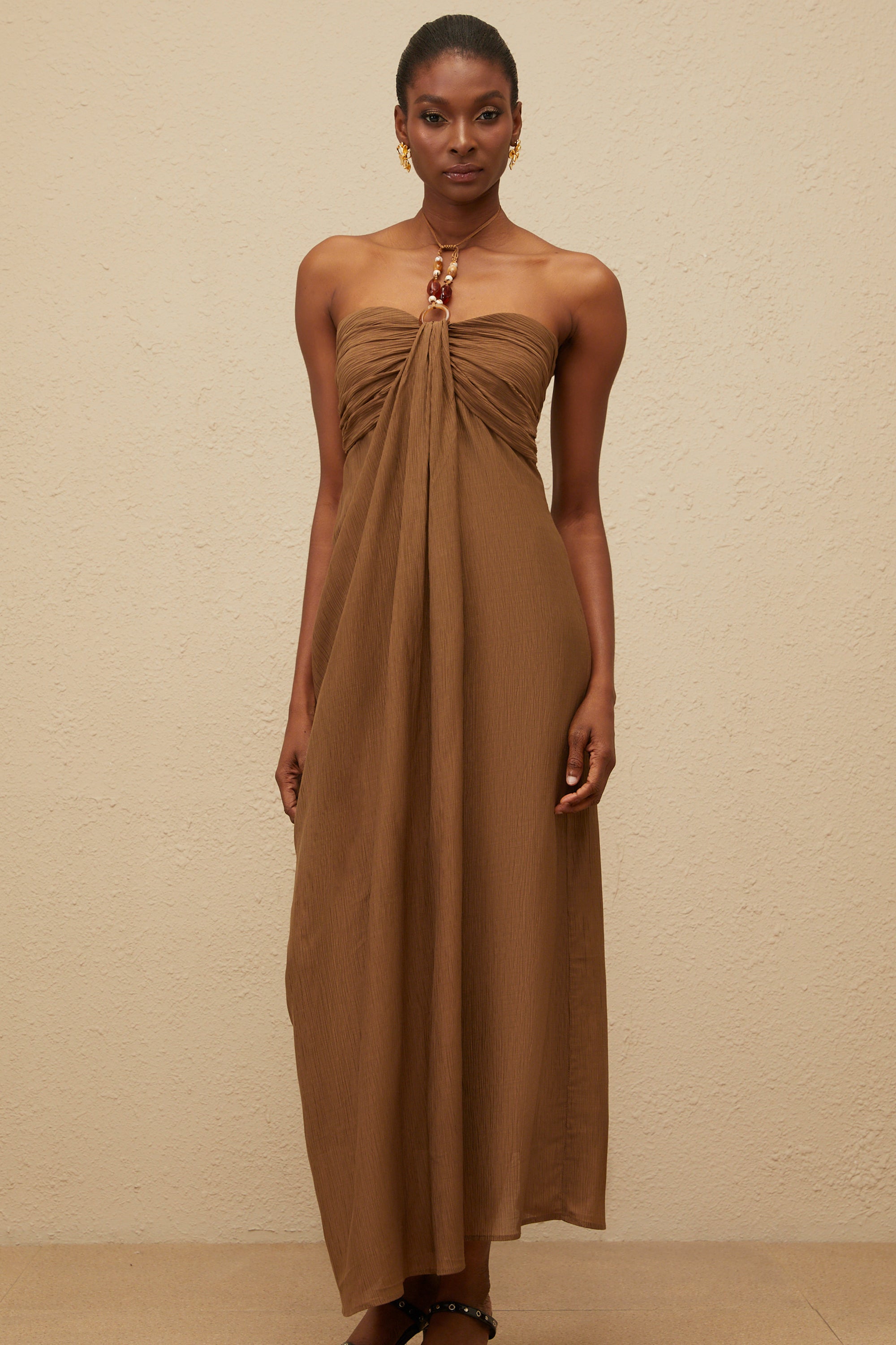 Ludivine Brown Ruched Maxi Dress with Beaded Straps