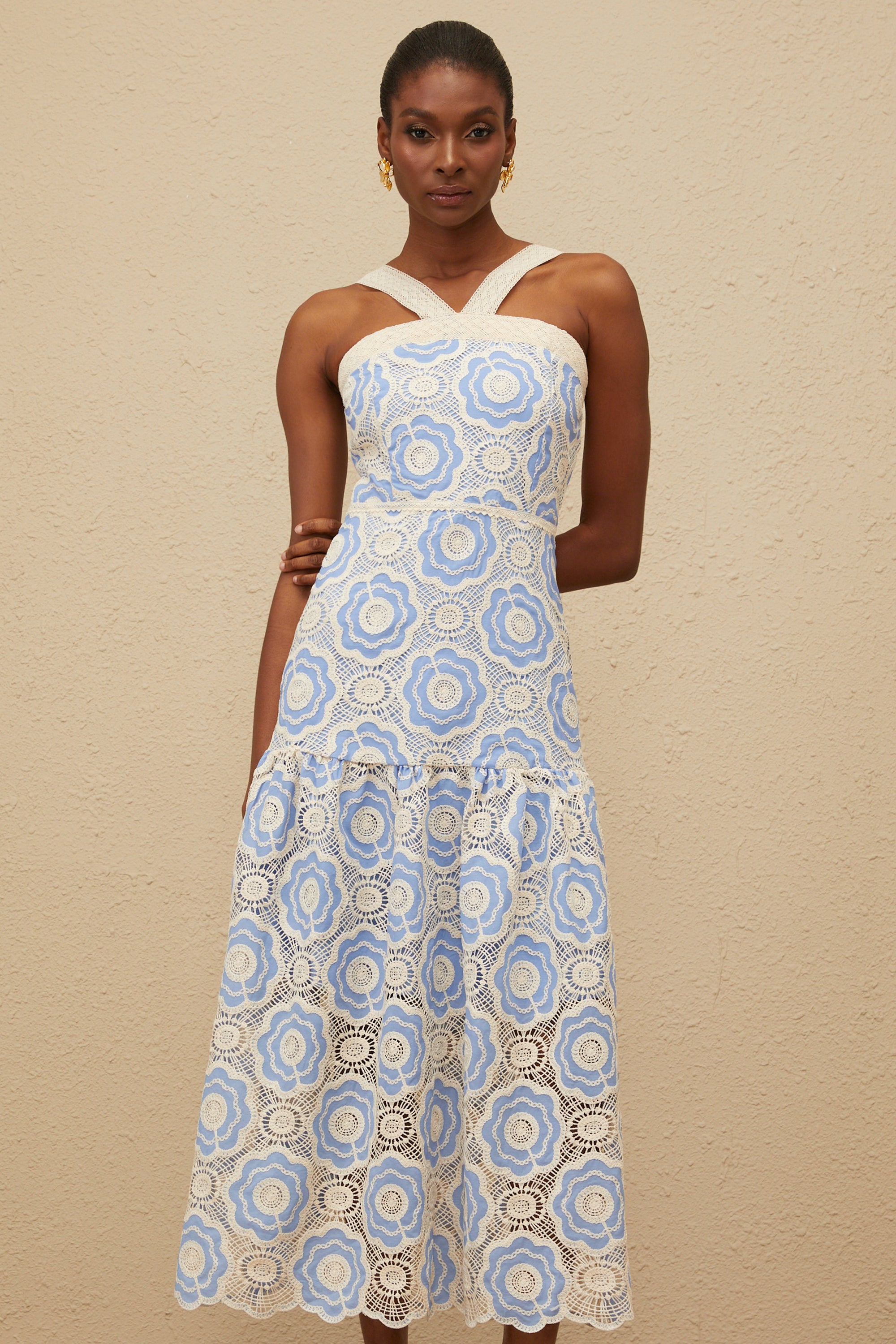 Frivole Blue Crochet Floral Midi Dress (Final Sale)
