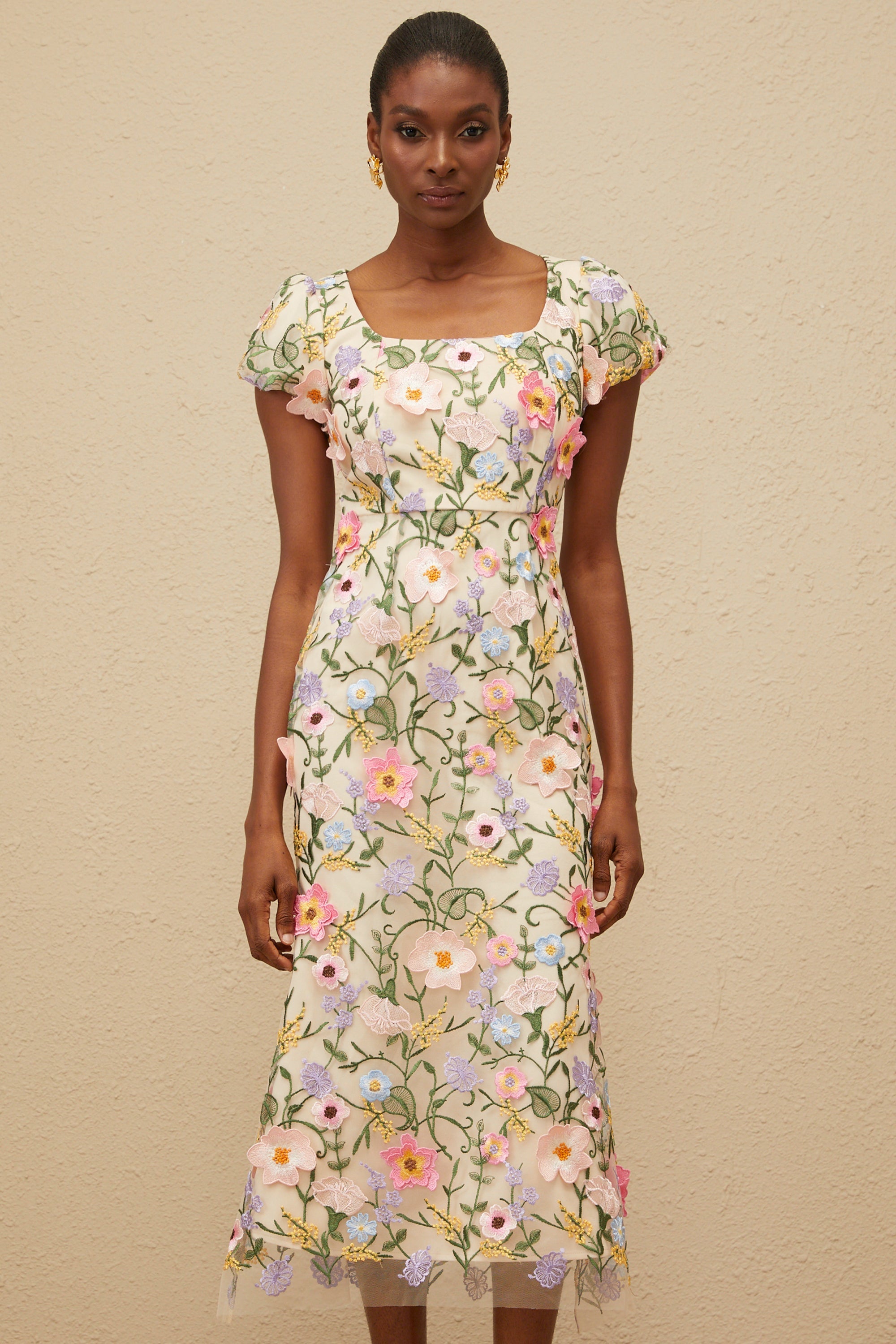 Enjouée Neutral Floral Embroidered Midi Dress (Final Sale-US Only)