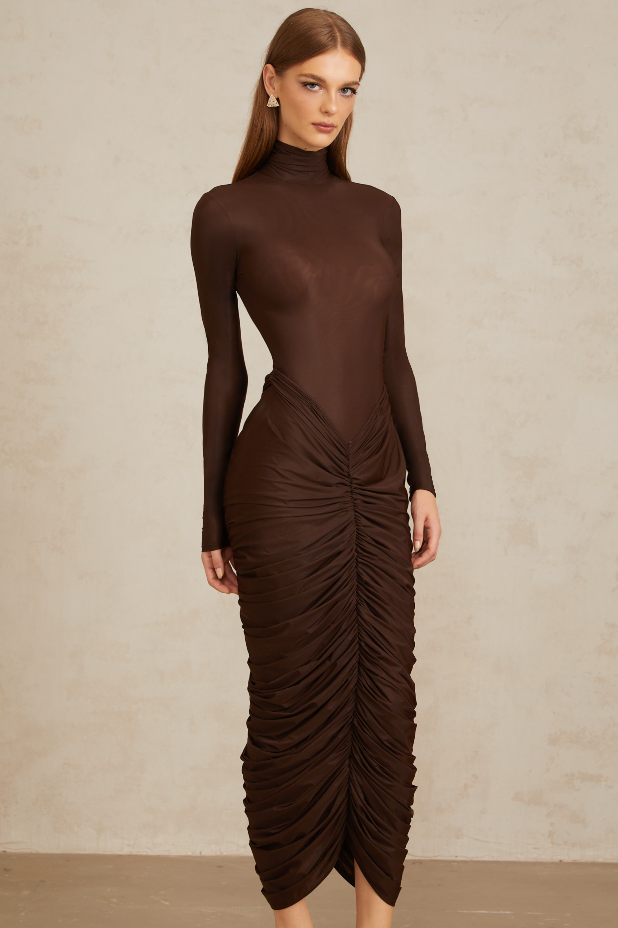 Charitina Brown Fitted Ruched Midi Dress (Final Sale-US Only)