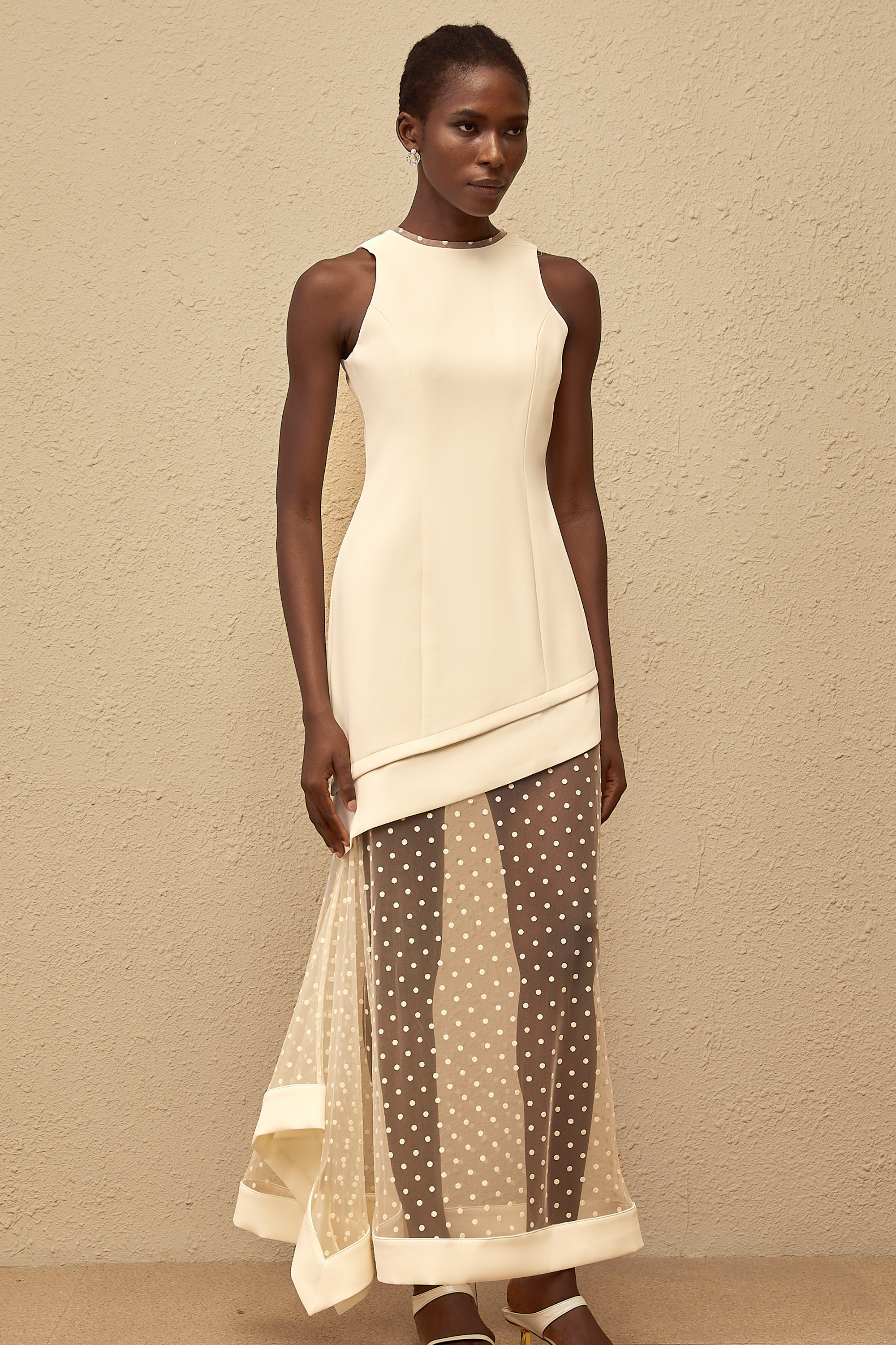 Esteri White Polka Dot Tulle Panel Maxi Dress