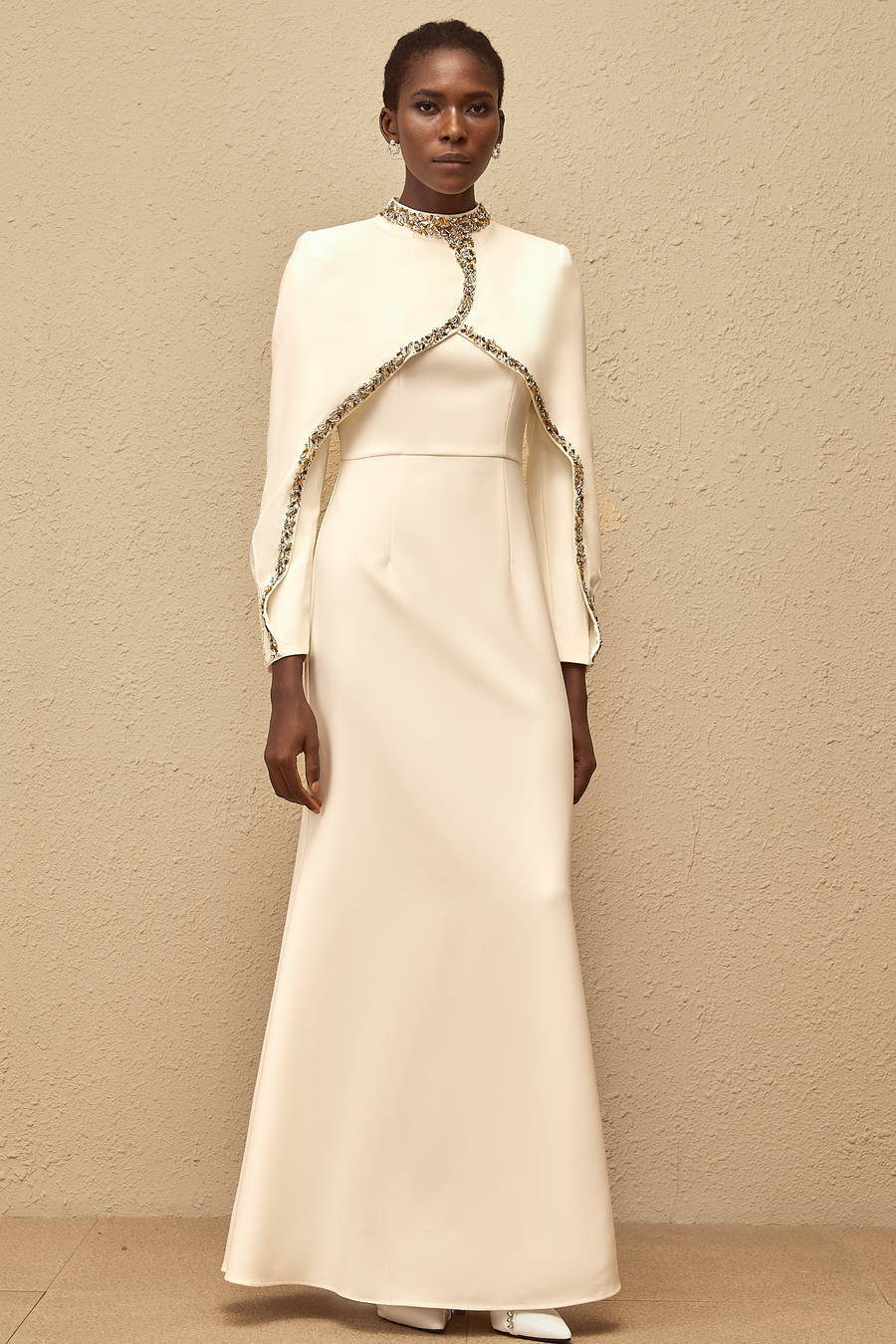 Lune White Embellished Shawl Design Gown (Final Sale)