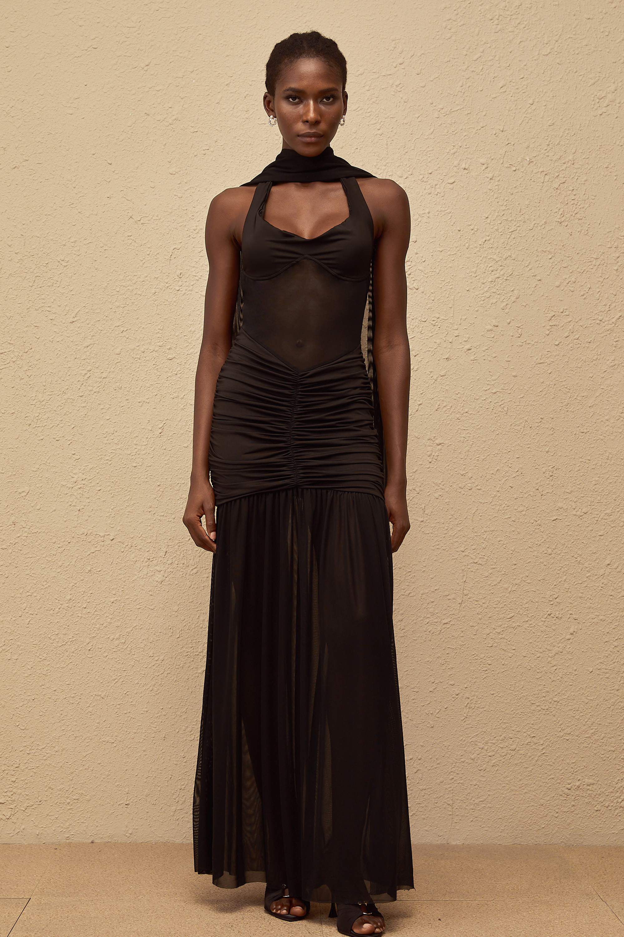 Léana Black Mesh Panel Ruched Maxi Dress