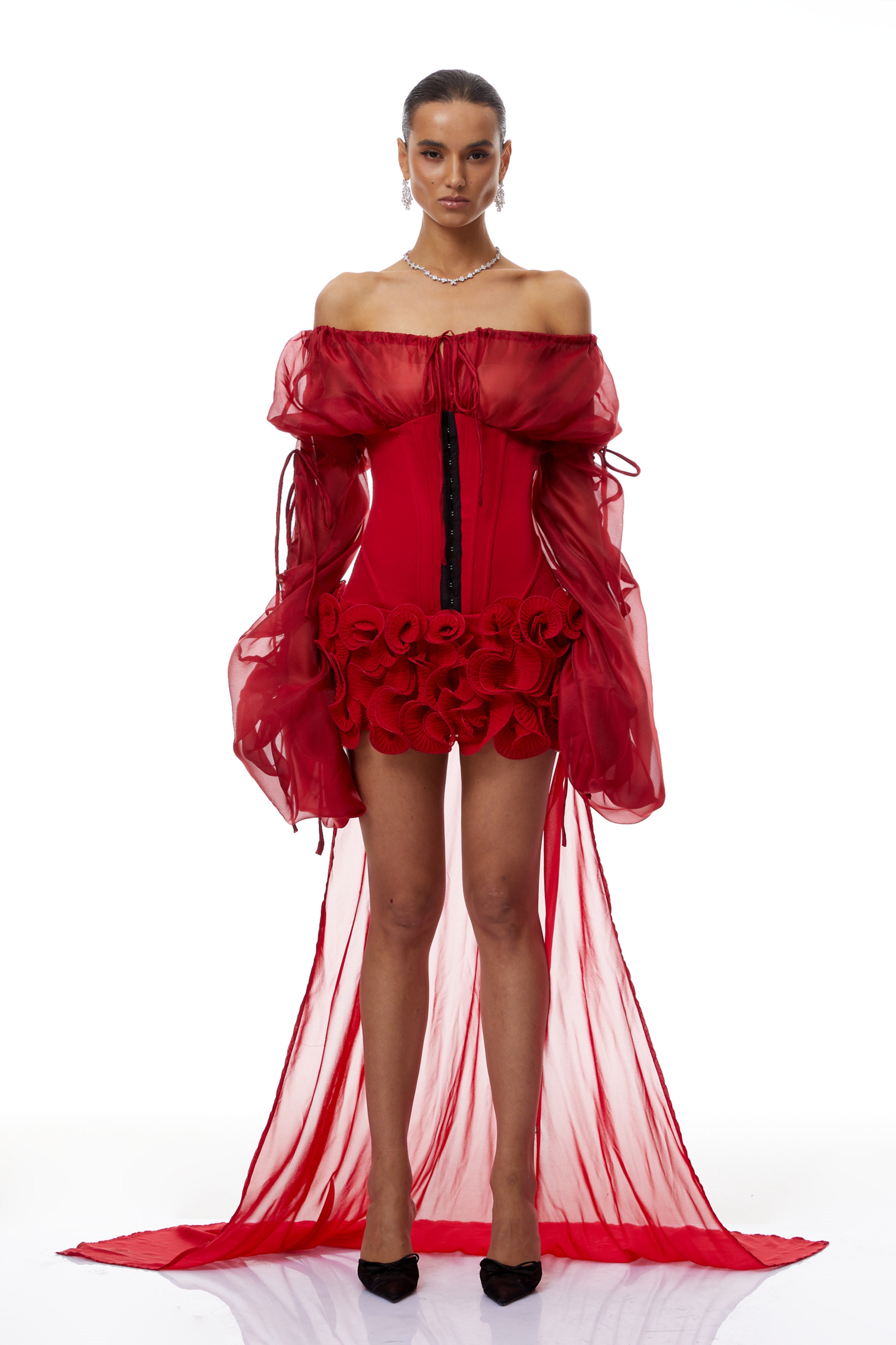 Léonie Red Train Ruffled Corset Mini Dress