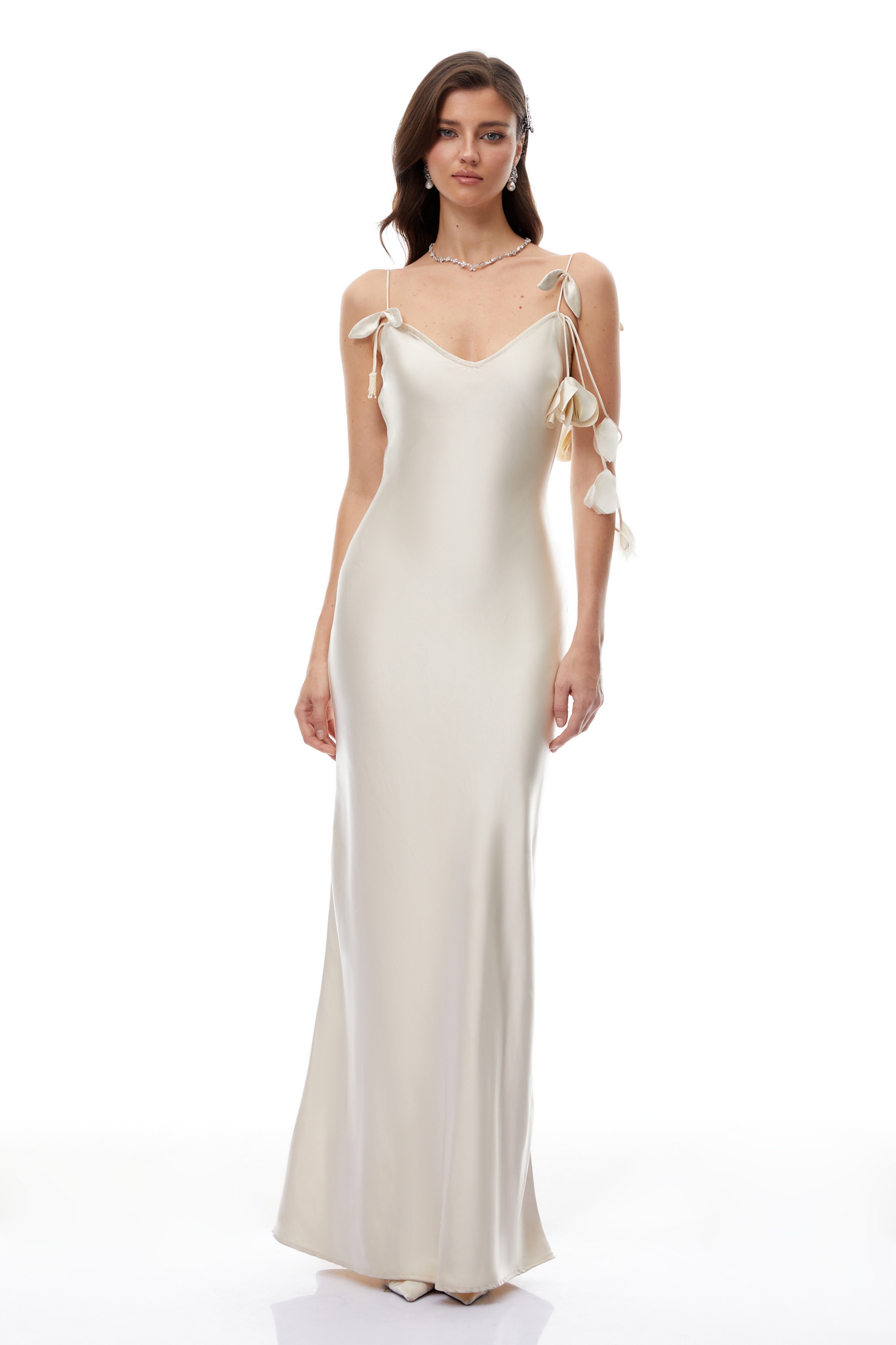 Margaux Neutral 3D Petal Satin Maxi Dress