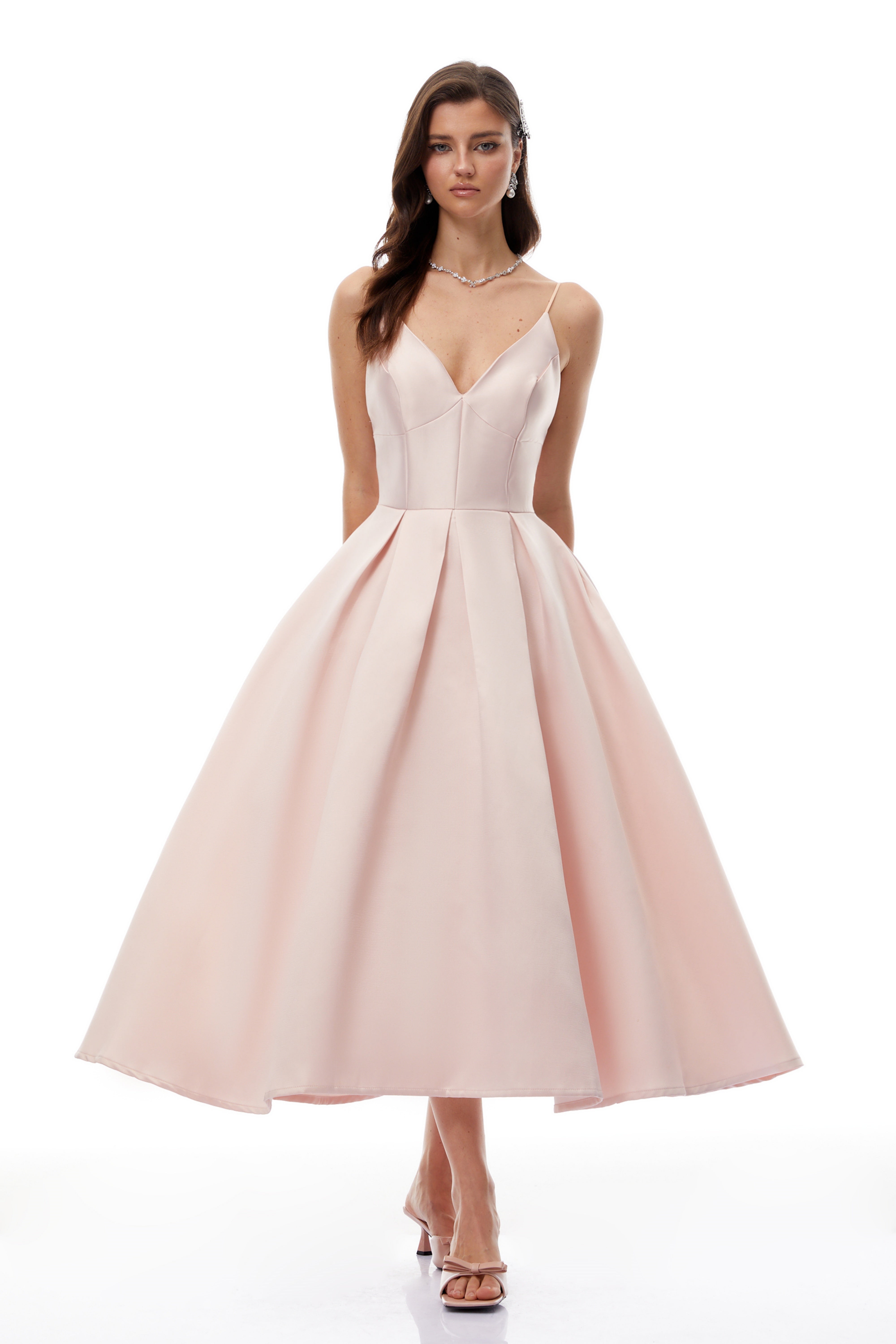 Prunelle Pink V-Neck Pleated Midi Dress