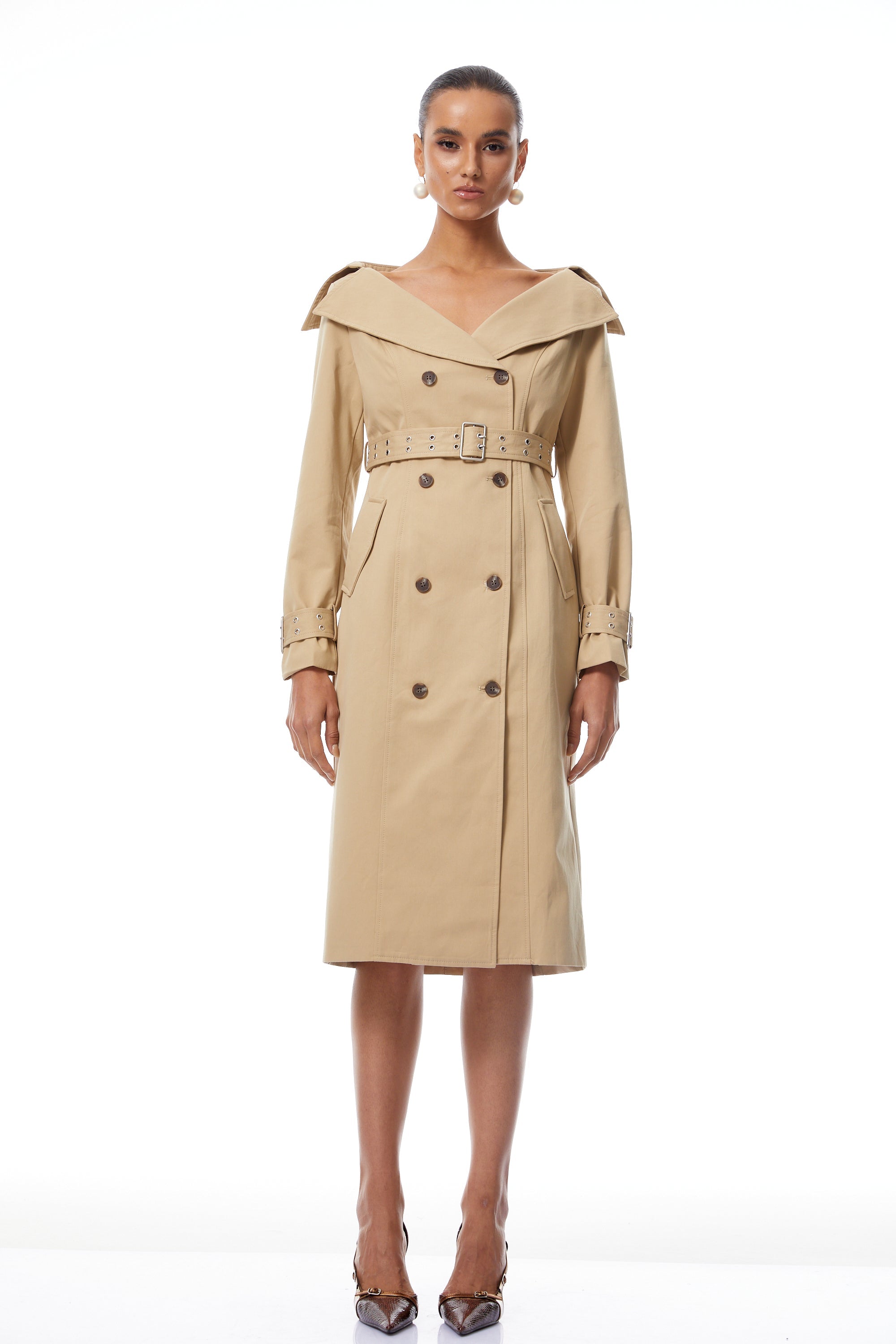 Eufrosina Khaki Double-Breasted Trench Dress