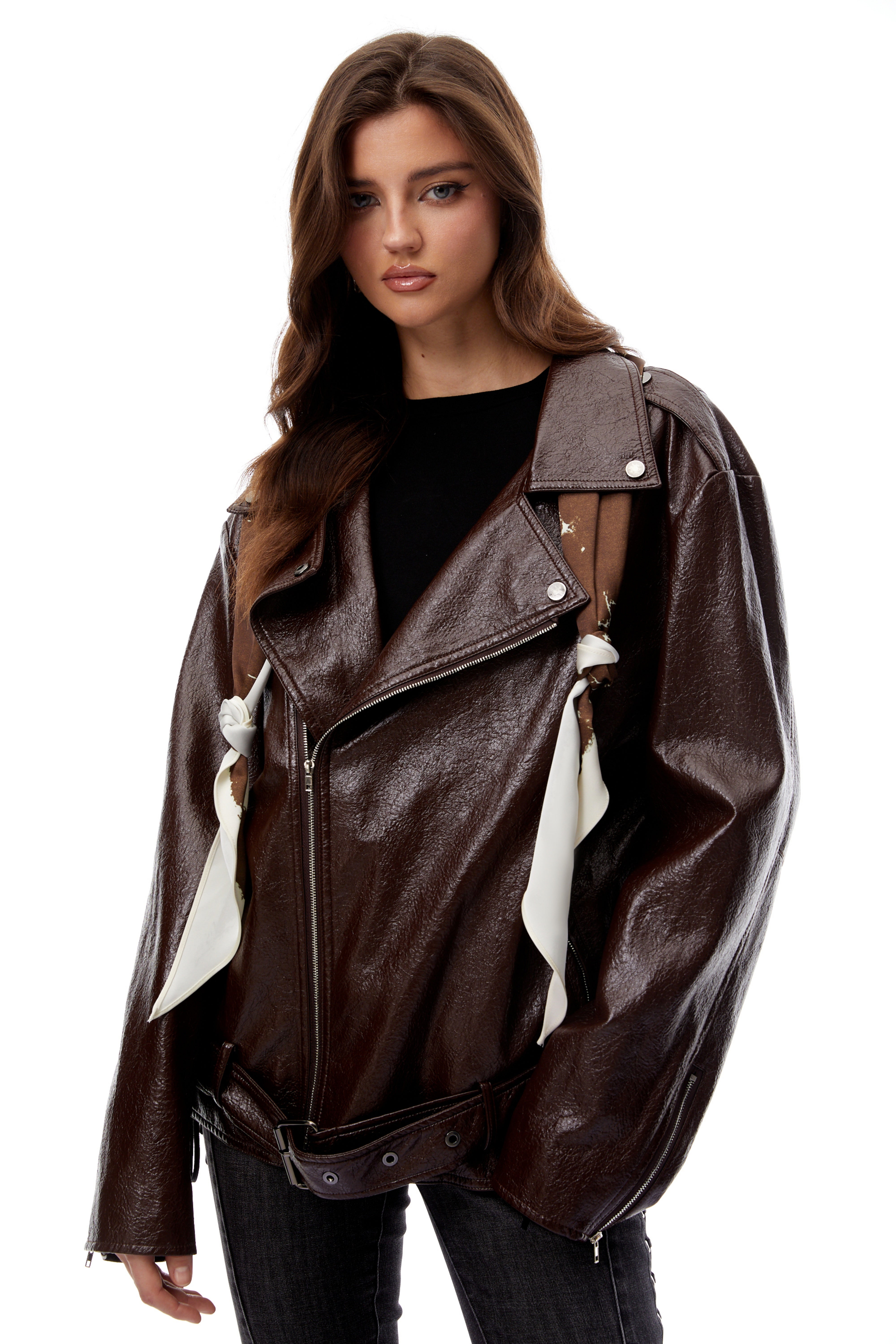 Briar Chestnut Scarf Detail Leather Jacket