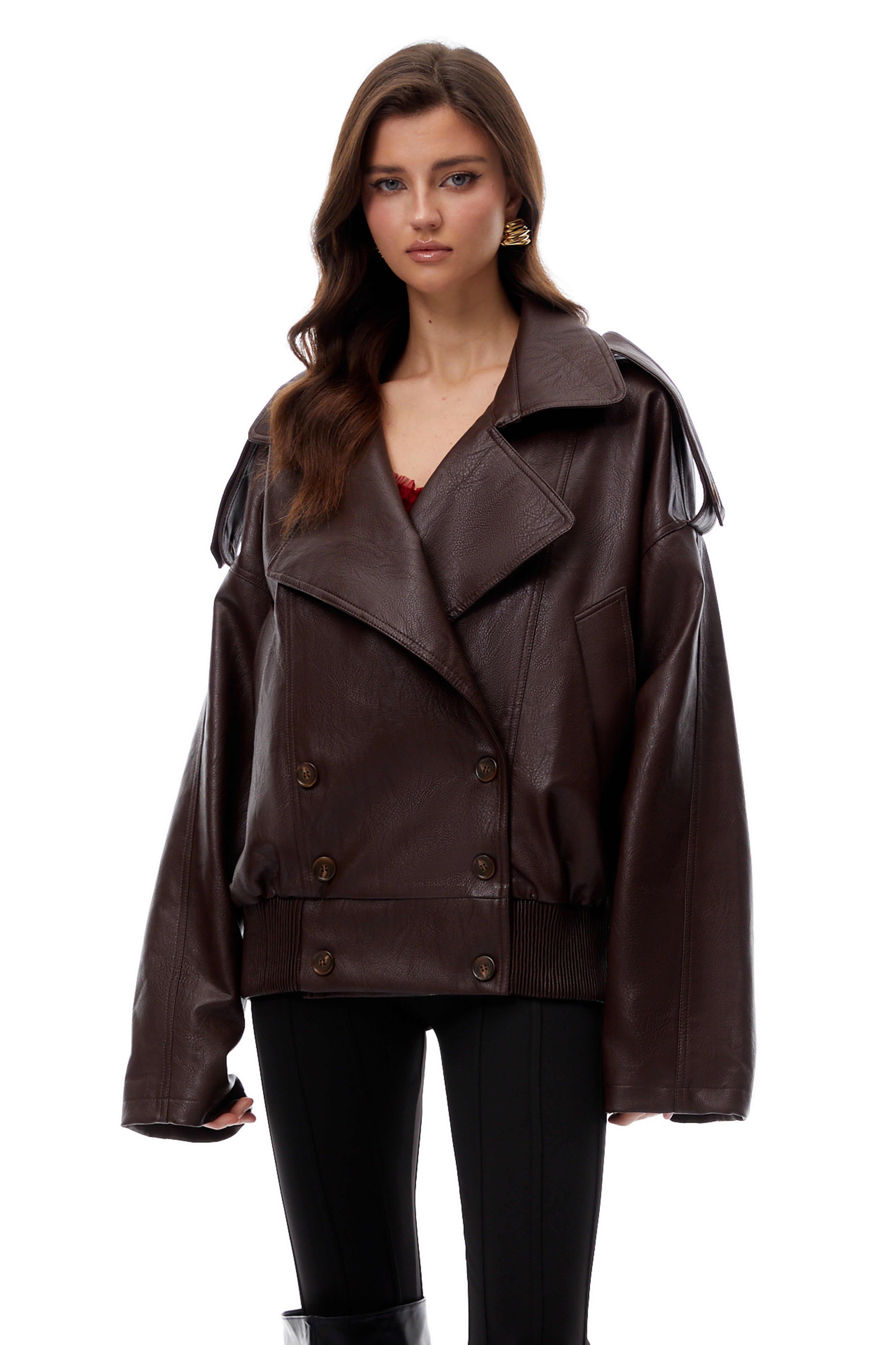 Patrizia Brown Double-Breasted Leather Biker Jacket